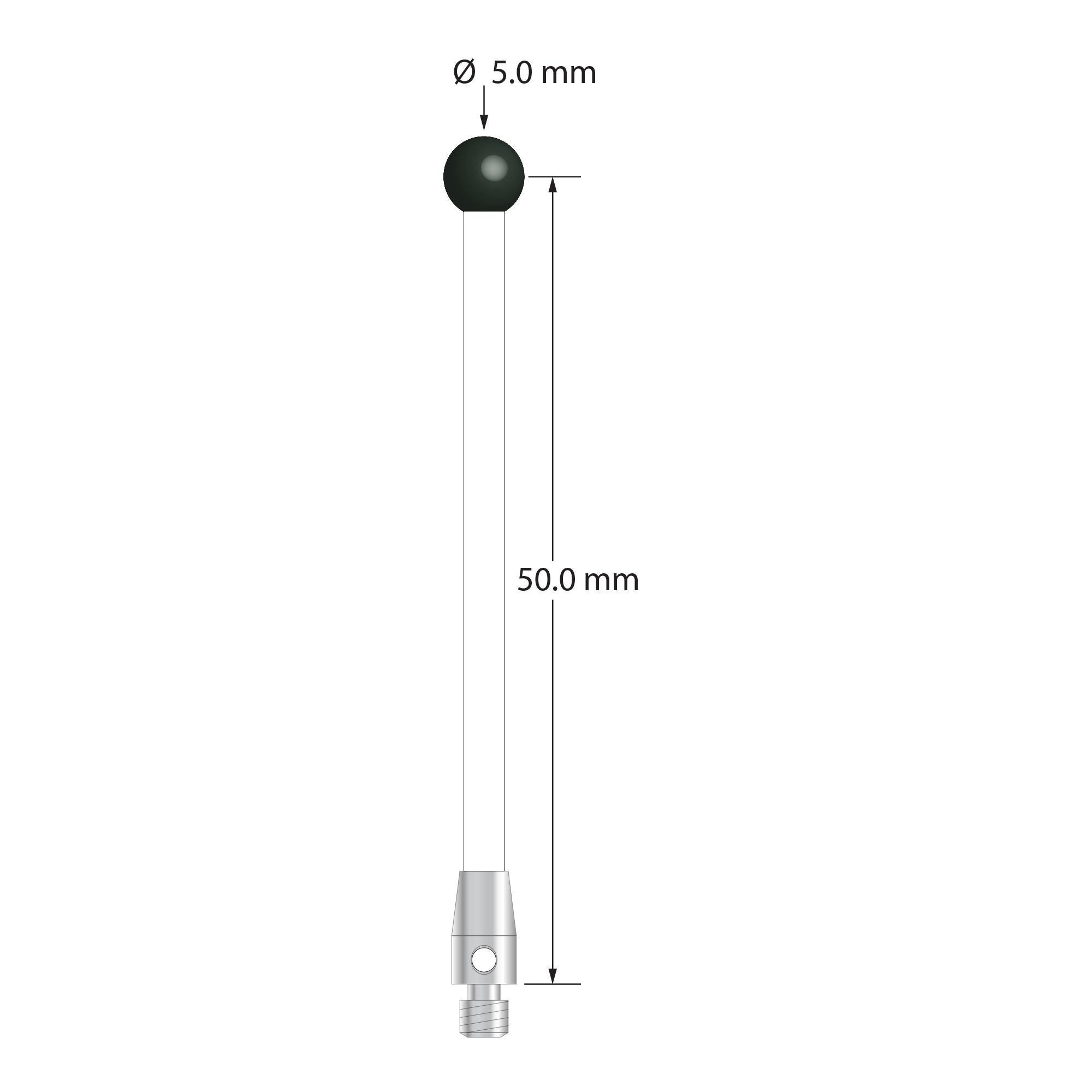 M3 stylus with 5.0 mm diameter silicon nitride ball, 2.5 mm diameter ceramic stem, and 4.0 mm diameter x 7.0 mm long stainless steel base. Stylus length to ball center is 50.0 mm. Stylus weight is 1.45 grams.