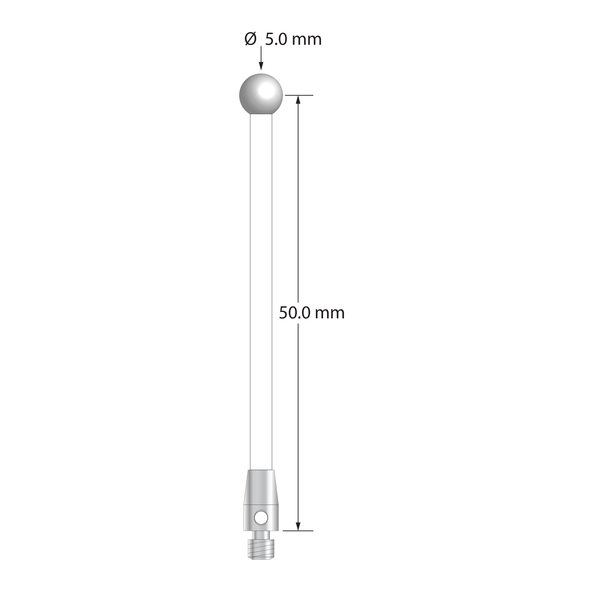 M3 stylus with 5.0 mm diameter zirconia ball, 2.5 mm diameter ceramic stem, and 4.0 mm diameter x 7.0 mm long stainless steel base. Stylus length to ball center is 50.0 mm. Stylus weight is 1.45 grams.