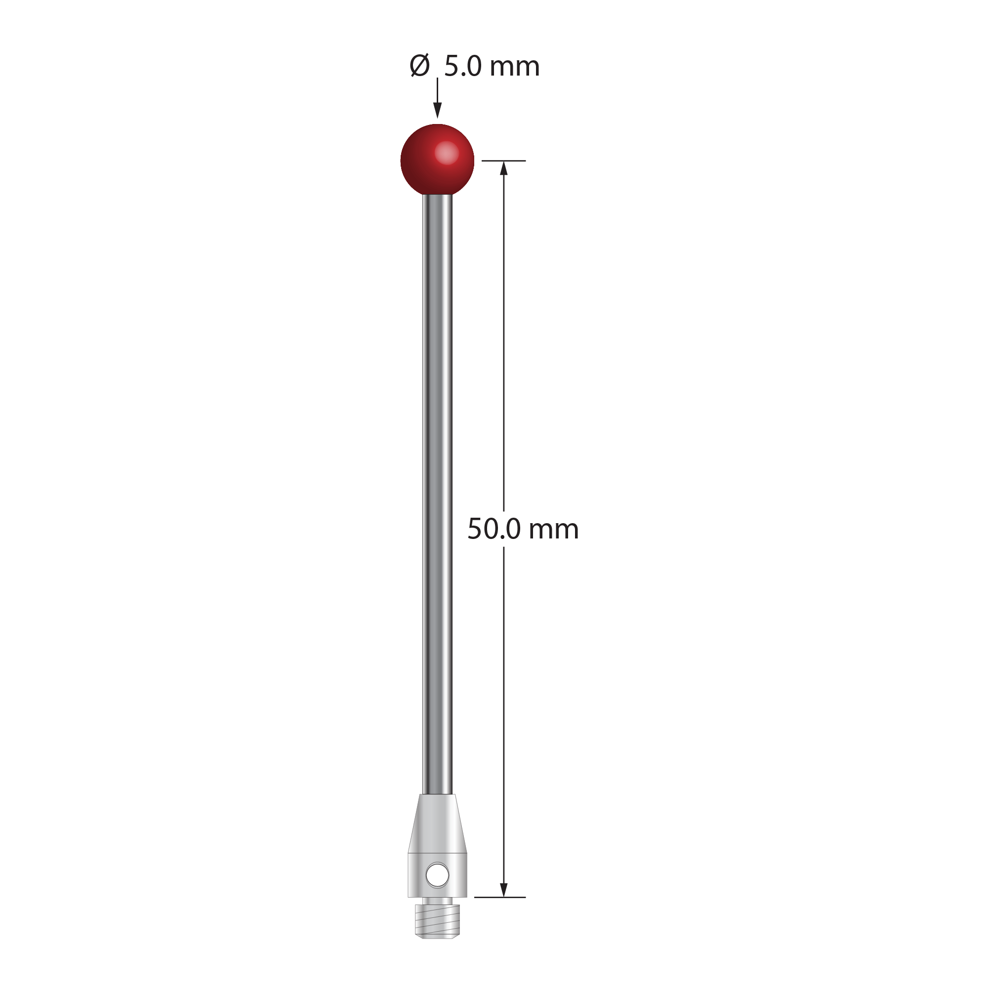 M3 stylus with 5.0 mm diameter ruby ball, 2.0 mm diameter carbide stem, and 4.0 mm diameter x 7.0 mm long stainless steel base. Stylus length to ball center is 50.0 mm. Stylus weight is 2.60 grams. Compare to Hexagon 03969436.