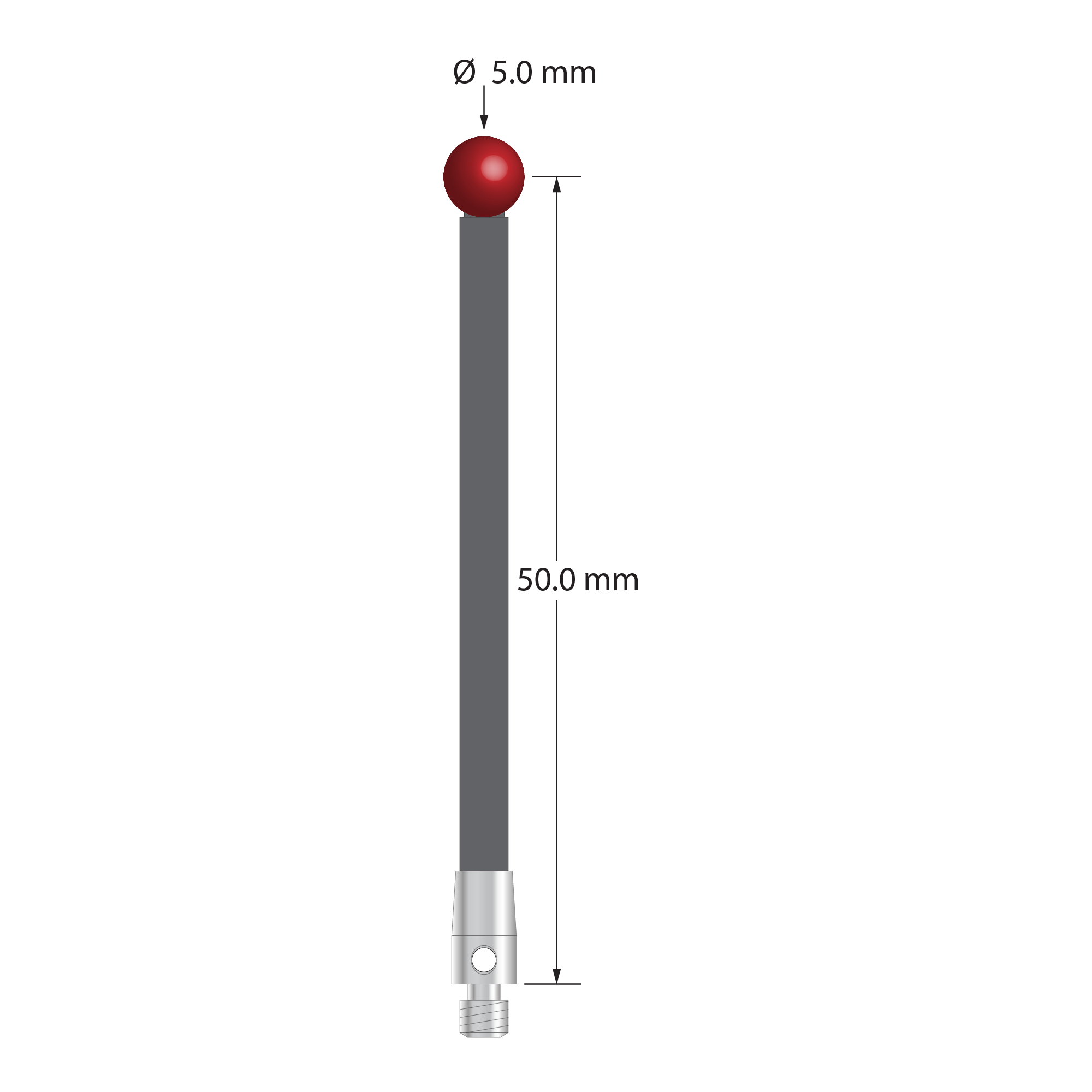 M3 stylus with 5.0 mm diameter ruby ball, 3.0 mm diameter carbon fiber stem, and 4.0 mm diameter x 7.0 mm long stainless steel base. Stylus length to ball center is 50.0 mm. Stylus weight is 1.13 grams.