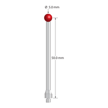 M3 Hexagon compatible stylus with 5.0 mm diameter ruby ball, 3.0 mm diameter stainless steel stem, and 5.0 mm diameter stainless steel base with 4.0 mm wrench flats for tightening. Stylus length to ball center is 50.0 mm. Compare to Hexagon M00-694-221-000.