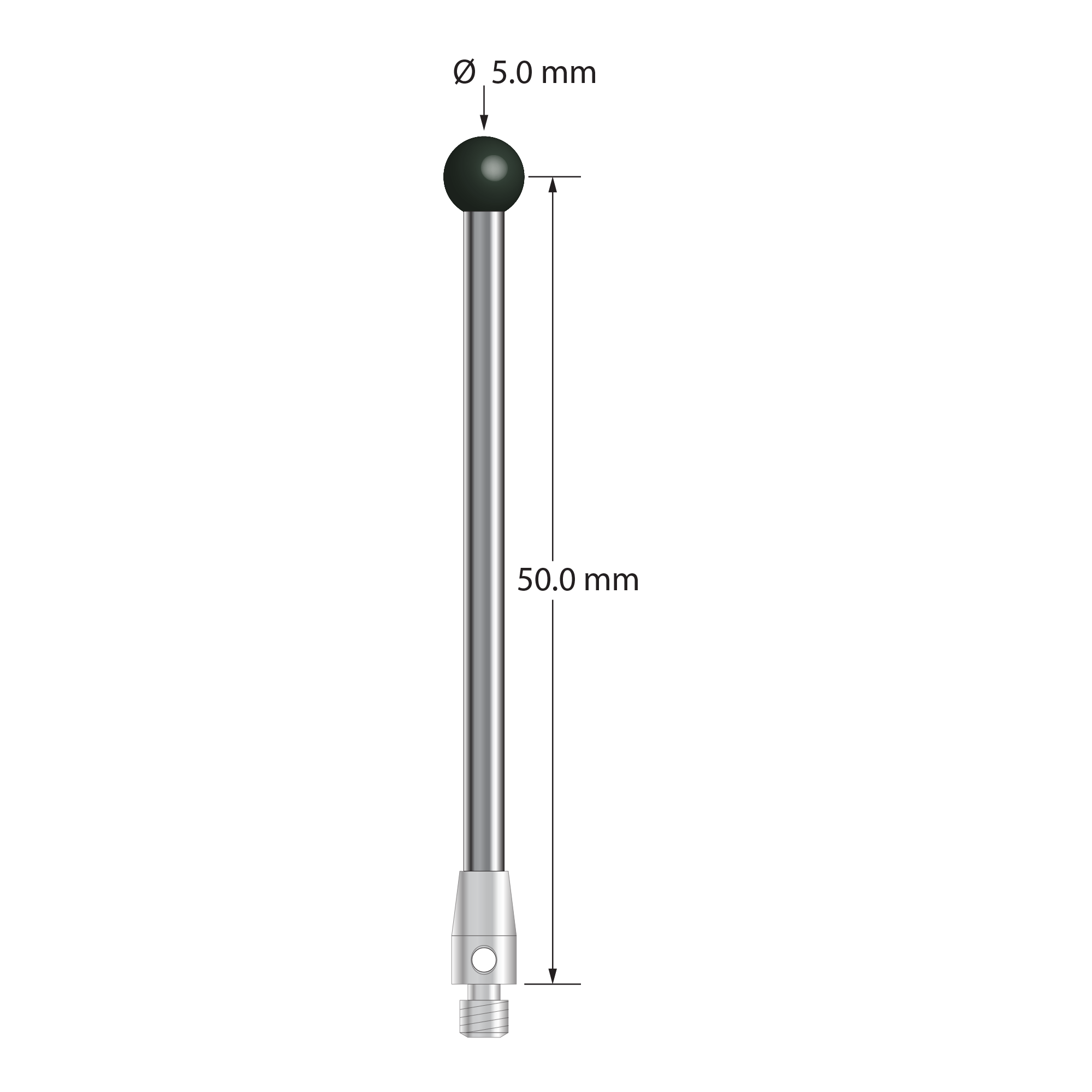 M3 stylus with 5.0 mm diameter silicon nitride ball, 2.5 mm diameter carbide stem, and 4.0 mm diameter x 7.0 mm long stainless steel base. Stylus length to ball center is 50.0 mm. Stylus weight is 3.54 grams. Compare to Renishaw A-5004-1201.