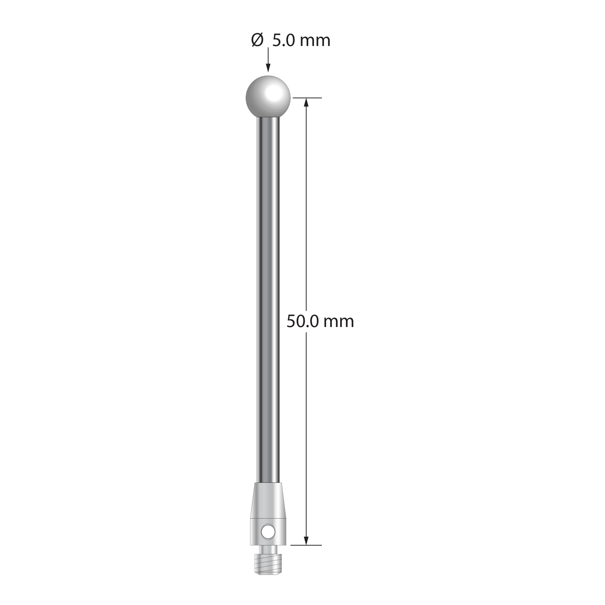 M3 stylus with 5.0 mm diameter zirconia ball, 2.5 mm diameter carbide stem, and 4.0 mm diameter x 7.0 mm long stainless steel base. Stylus length to ball center is 50.0 mm. Stylus weight is 3.54 grams. Compare to Renishaw A-5003-7665.