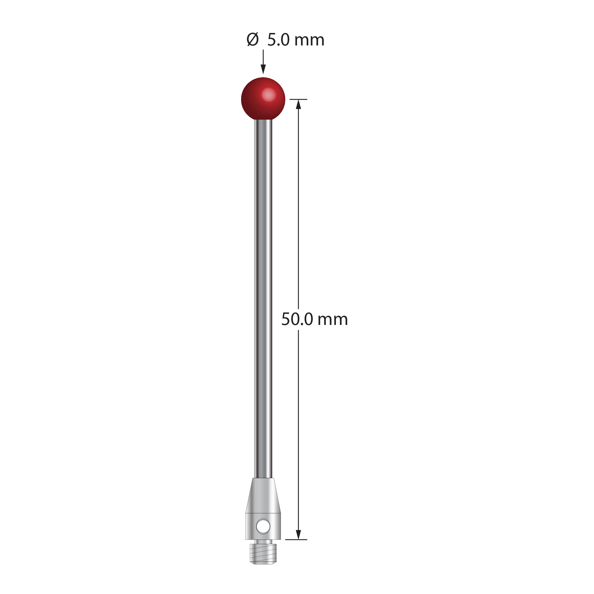 TM3-5052.5-DS2 M3 stylus with 5.0mm ruby ball, carbide stem, stainless steel base, 50.0mm long.