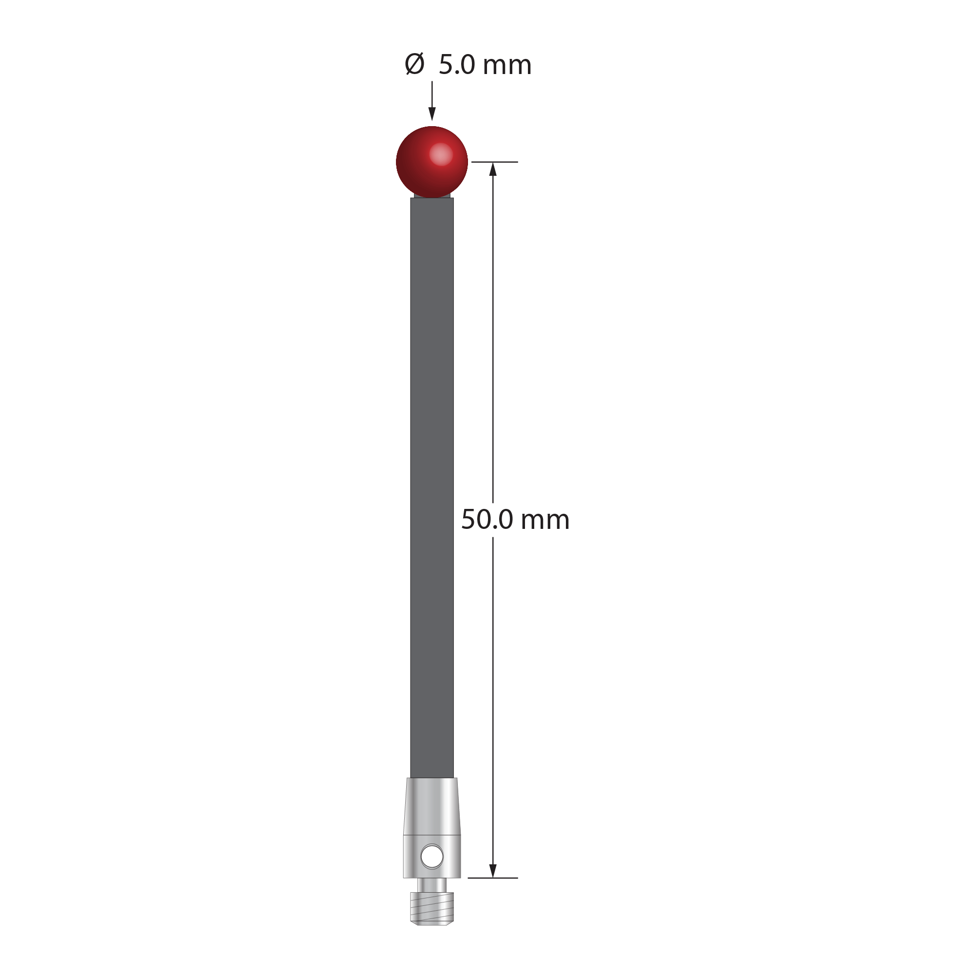 TM3-5052.5-DS3-G M3 stylus with 5.0mm ruby ball, carbon fiber stem, and stainless steel base, 50mm long by Q-Mark Manufacturing, Inc.