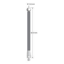 M3 stylus with 5.0 mm diameter zirconia ball, 3.5 mm diameter carbon fiber stem, and 5.0 mm diameter x 9.0 mm long titanium base. Overall stylus length is 60.0 mm. Stylus weight is 1.25 grams.