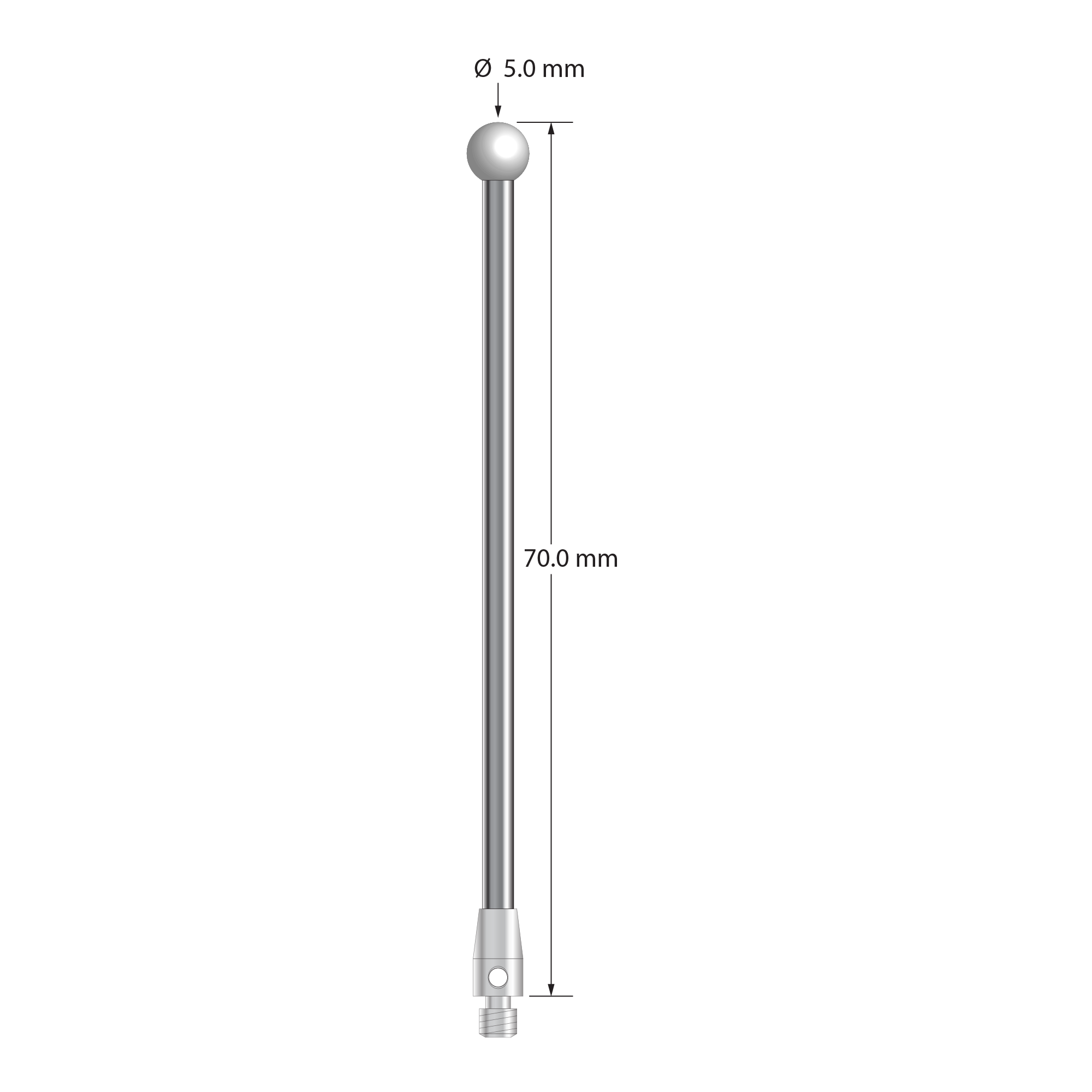 M3 stylus with 5.0 mm diameter zirconia ball, 2.5 mm diameter carbide stem, and 4.0 mm diameter x 7.0 mm long stainless steel base. Overall stylus length is 70.0 mm. Stylus weight is 4.77 grams.