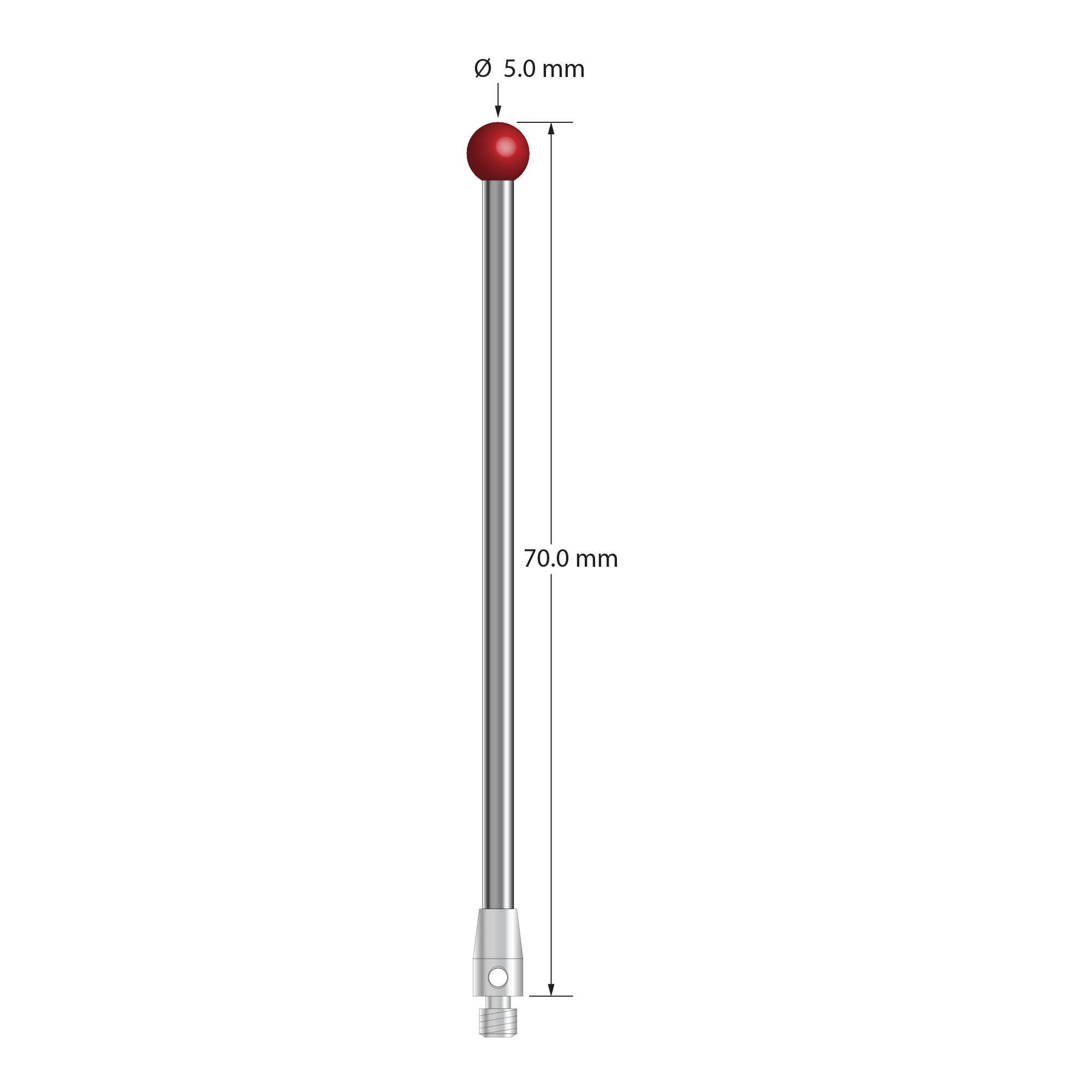 M3 stylus with 5.0 mm diameter ruby ball, 2.5 mm diameter carbide stem, and 4.0 mm diameter x 7.0 mm long stainless steel base. Overall stylus length is 70.0 mm. Stylus weight is 4.77 grams.