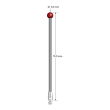 M3 stylus with 5.0 mm diameter ruby ball, 2.5 mm diameter carbide stem, and 4.0 mm diameter x 7.0 mm long stainless steel base. Overall stylus length is 70.0 mm. Stylus weight is 4.77 grams.