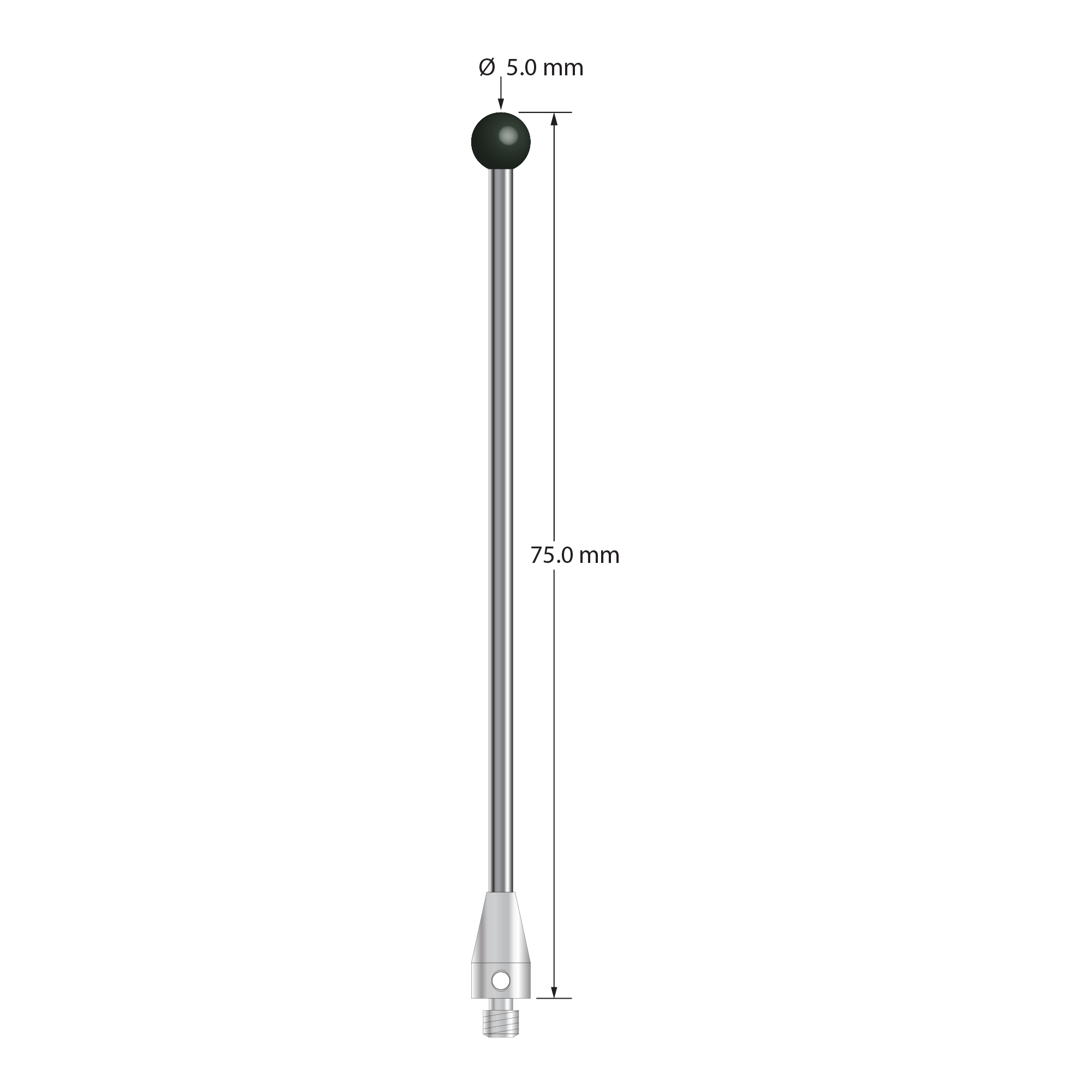 M3 XXT stylus with 5.0 mm diameter silicon nitride ball, 2.0 mm diameter carbon fiber stem, and 5.0 mm diameter x 9.0 mm long titanium base. Overall stylus length is 75.0 mm. Stylus weight is 1.05 grams. Compare to Zeiss 626103-0502-075.