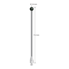 M3 XXT stylus with 5.0 mm diameter silicon nitride ball, 2.0 mm diameter carbon fiber stem, and 5.0 mm diameter x 9.0 mm long titanium base. Overall stylus length is 75.0 mm. Stylus weight is 1.05 grams. Compare to Zeiss 626103-0502-075.