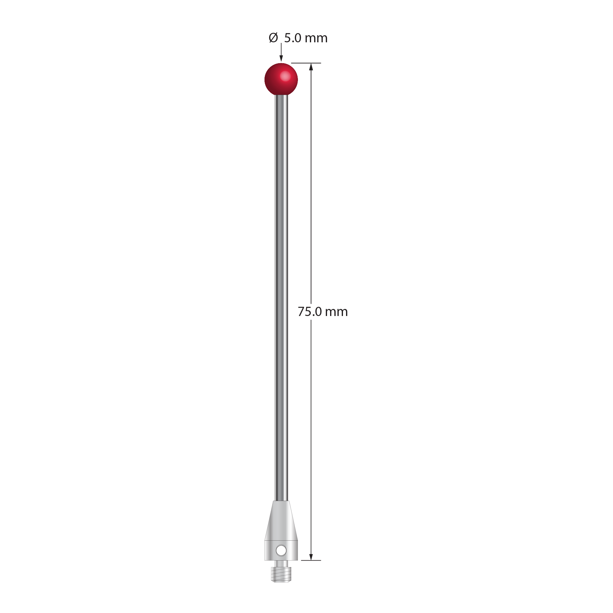 M3 XXT stylus with 5.0 mm diameter ruby ball, 2.0 mm diameter carbide stem, and 5.0 mm diameter x 9.0 mm long titanium base. Overall stylus length is 75.0 mm. Stylus weight is 4.05 grams. Compare to Zeiss 626103-0503-075.
