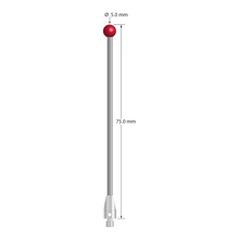 M3 XXT stylus with 5.0 mm diameter ruby ball, 2.0 mm diameter carbide stem, and 5.0 mm diameter x 9.0 mm long titanium base. Overall stylus length is 75.0 mm. Stylus weight is 4.05 grams. Compare to Zeiss 626103-0503-075.