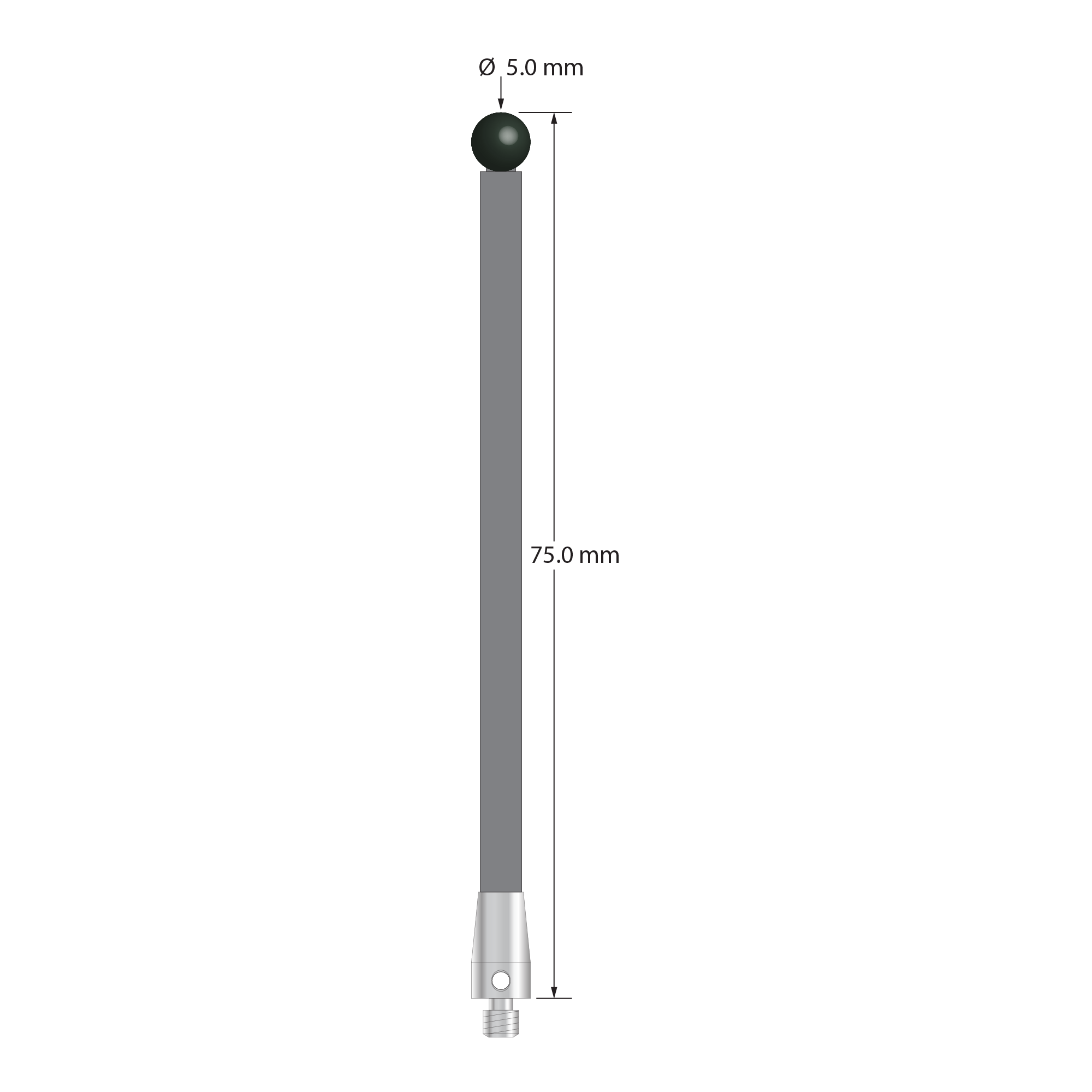M3 stylus with 5.0 mm diameter silicon nitride ball, 3.5 mm diameter carbon fiber stem, and 5.0 mm diameter x 9.0 mm long titanium base. Overall stylus length is 75.0 mm. Stylus weight is 1.47 grams. Compare to Zeiss 626103-0500-075.