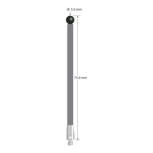 M3 stylus with 5.0 mm diameter silicon nitride ball, 3.5 mm diameter carbon fiber stem, and 5.0 mm diameter x 9.0 mm long titanium base. Overall stylus length is 75.0 mm. Stylus weight is 1.47 grams. Compare to Zeiss 626103-0500-075.
