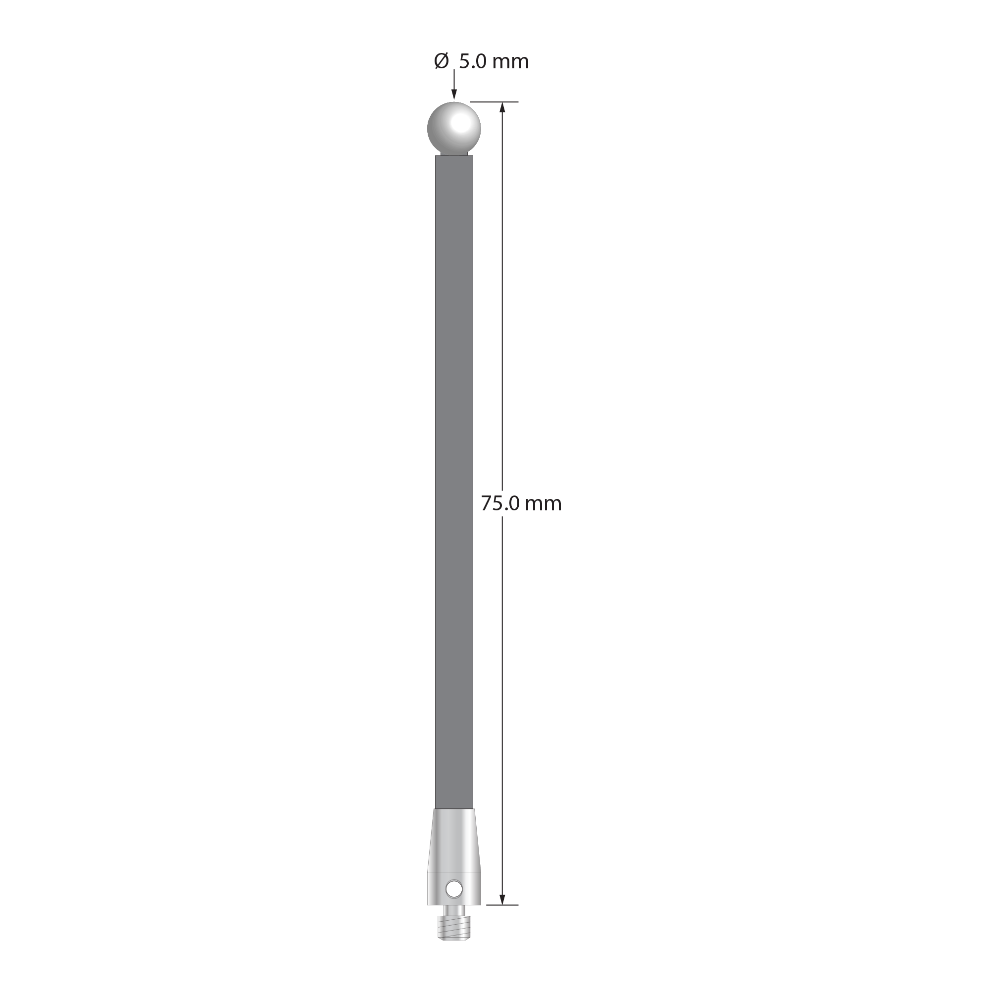 M3 stylus with 5.0 mm diameter zirconia ball, 3.5 mm diameter carbon fiber stem, and 5.0 mm diameter x 9.0 mm long titanium base. Overall stylus length is 75.0 mm. Stylus weight is 1.47 grams.