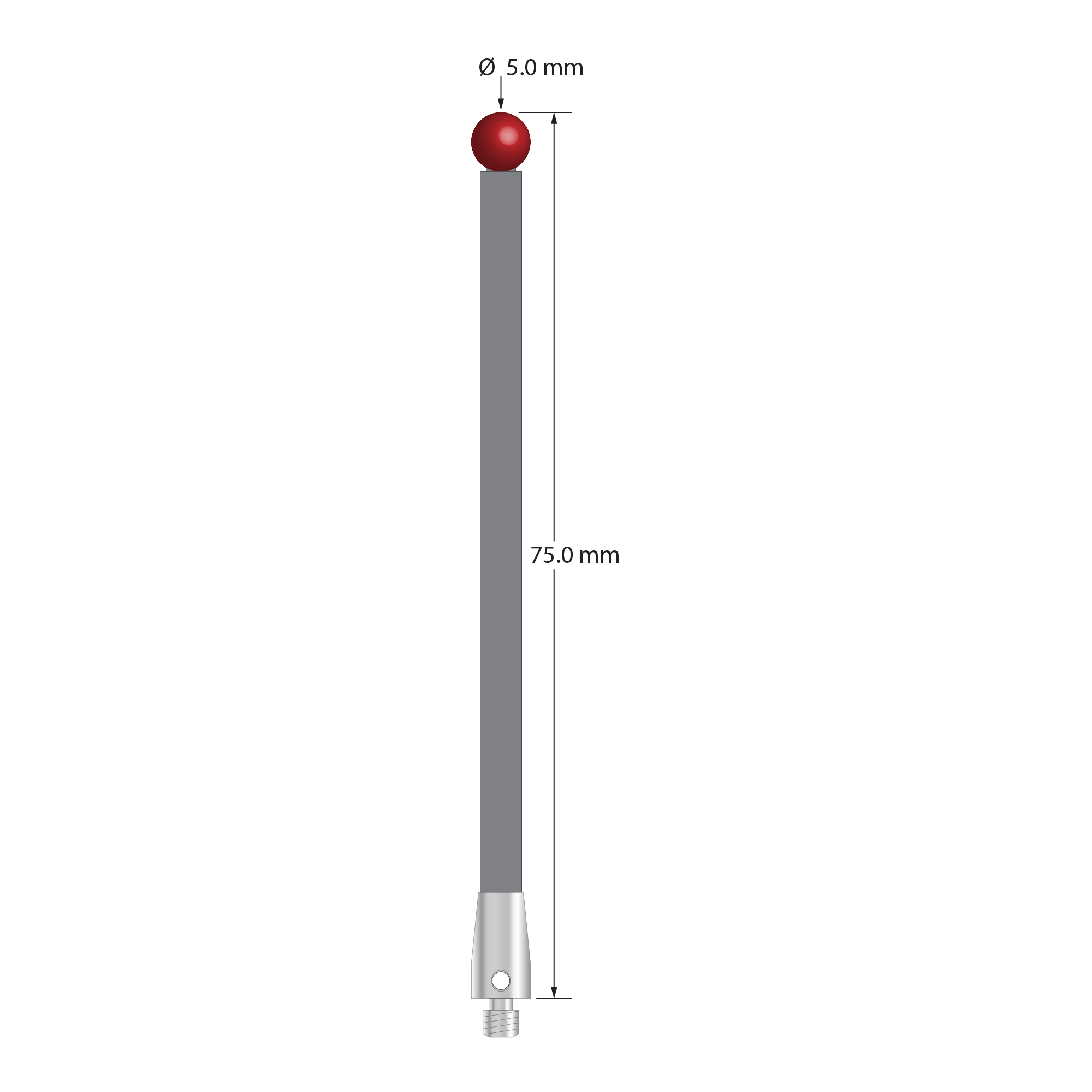 M3 stylus with 5.0 mm diameter ruby ball, 3.5 mm diameter carbon fiber stem, and 5.0 mm diameter x 9.0 mm long titanium base. Overall stylus length is 75.0 mm. Stylus weight is 1.47 grams. Compare to Zeiss 626103-0501-075 and Renishaw A-5555-1114.