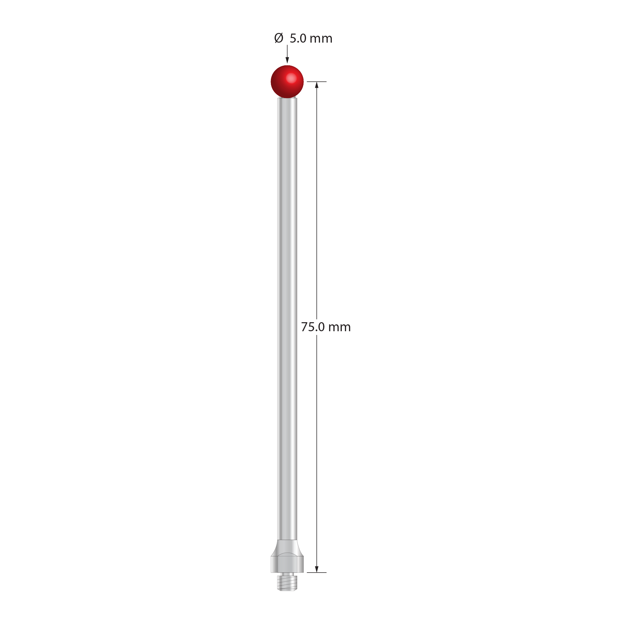 M3 Hexagon compatible stylus with 5.0 mm diameter ruby ball, 3.0 mm diameter stainless steel stem, and 5.0 mm diameter stainless steel base with 4.0 mm wrench flats for tightening. Stylus length to ball center is 75.0 mm. Compare to Hexagon M00-694-240-000.