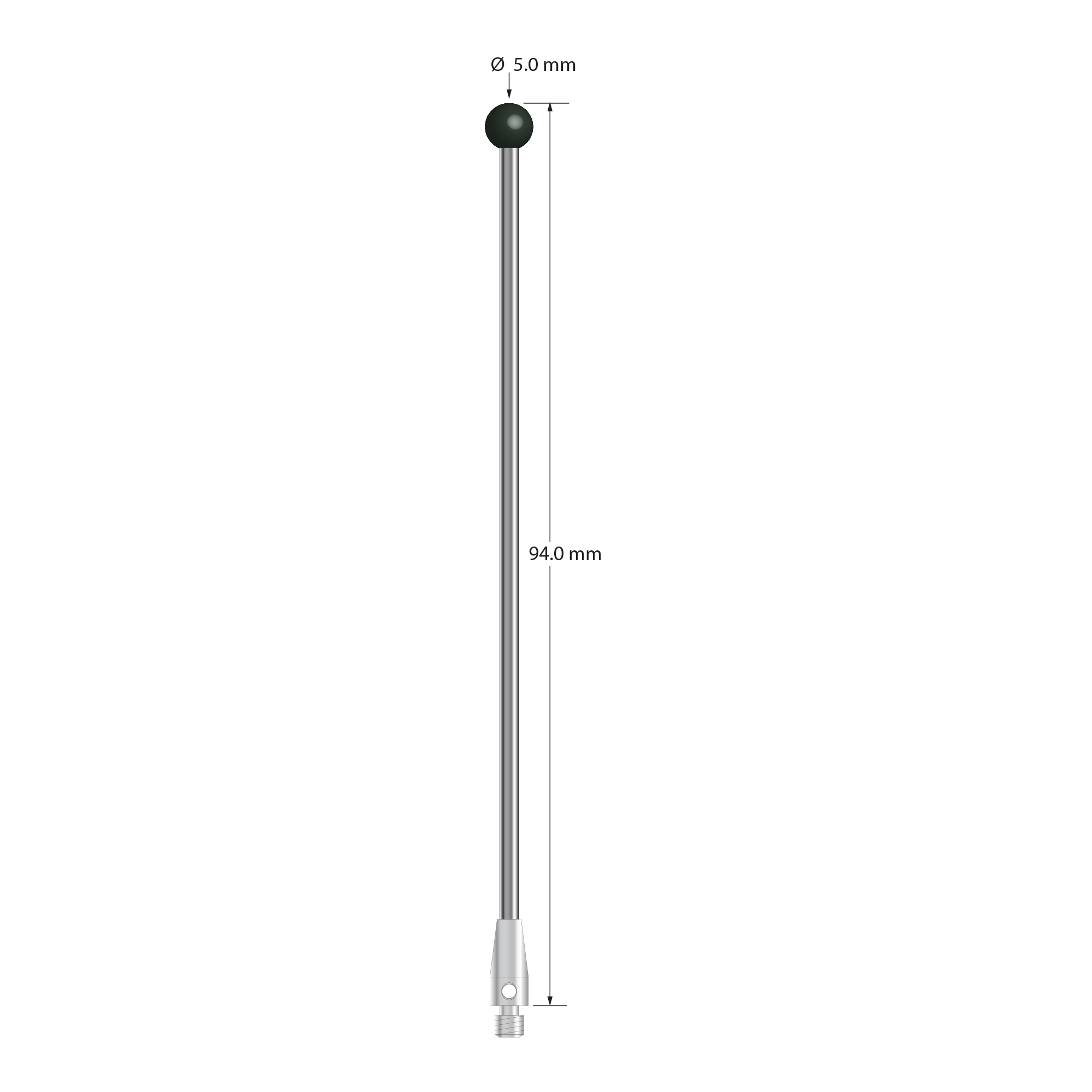 M3 XXT stylus with 5.0 mm diameter silicon nitride ball, 2.0 mm diameter carbide stem, and 5.0 mm diameter x 9.0 mm long titanium base. Overall stylus length is 94.0 mm. Stylus weight is 4.48 grams.