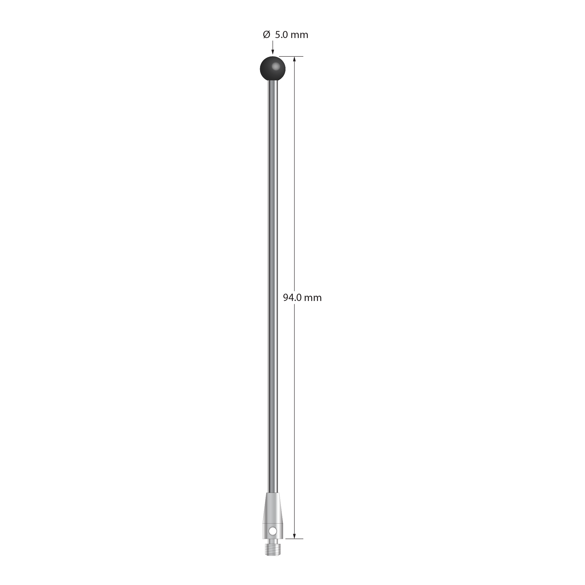 TM3-5094-DS2-TX-SN M3 stylus with 5.0mm silicon nitride ball, carbide stem, and titanium base, 94.0mm long by Q-Mark Manufacturing, Inc.