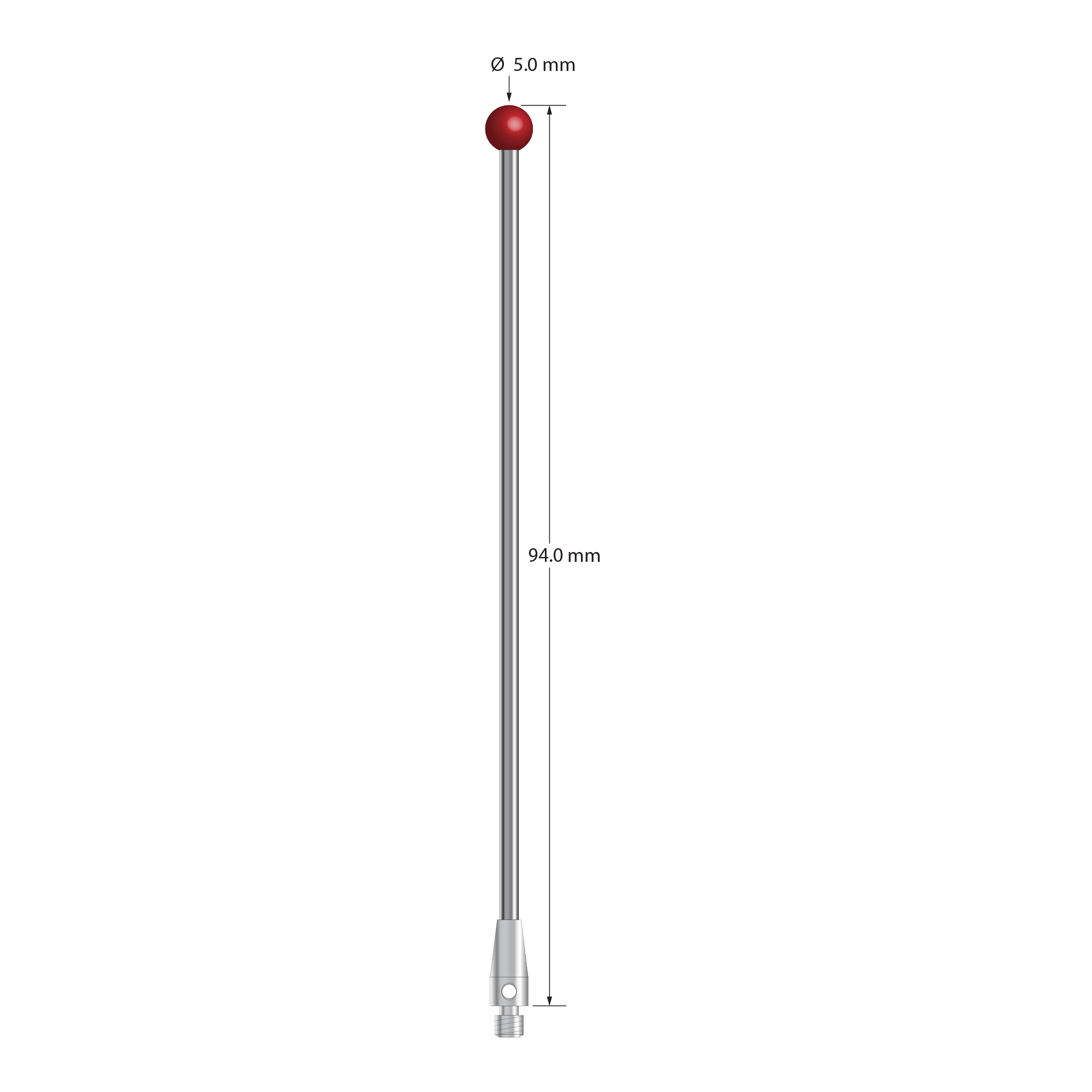M3 XXT stylus with 5.0 mm diameter ruby ball, 2.0 mm diameter carbide stem, and 5.0 mm diameter x 9.0 mm long titanium base. Overall stylus length is 94.0 mm. Stylus weight is 4.48 grams. Compare to Zeiss 626113-0500-094.