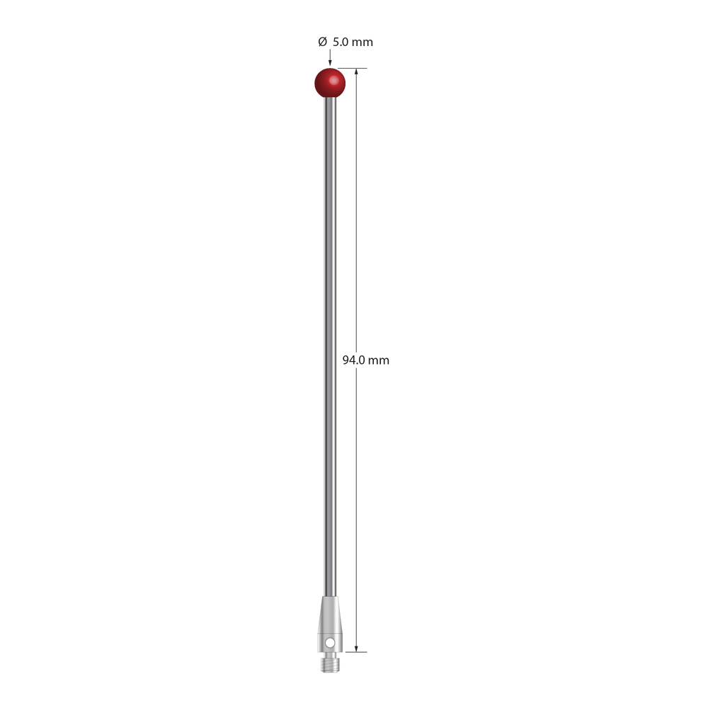 M3 XXT stylus with 5.0 mm diameter ruby ball, 2.0 mm diameter carbide stem, and 5.0 mm diameter x 9.0 mm long titanium base. Overall stylus length is 94.0 mm. Stylus weight is 4.48 grams. Compare to Zeiss 626113-0500-094.