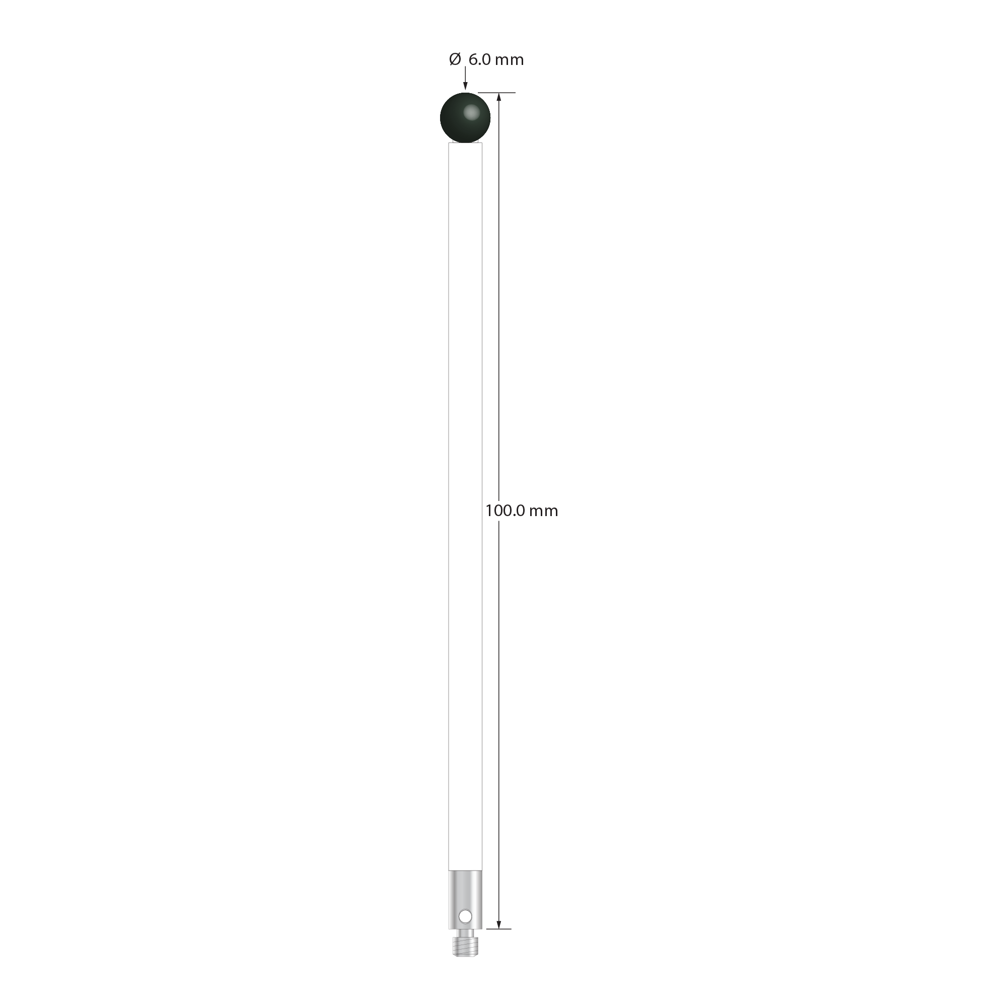 M3 stylus with 6.0 mm diameter silicon nitride ball, 4.0 mm diameter ceramic stem, and 4.0 mm diameter x 7.0 mm long stainless steel base. Overall stylus length is 100.0 mm. Stylus weight is 4.98 grams.