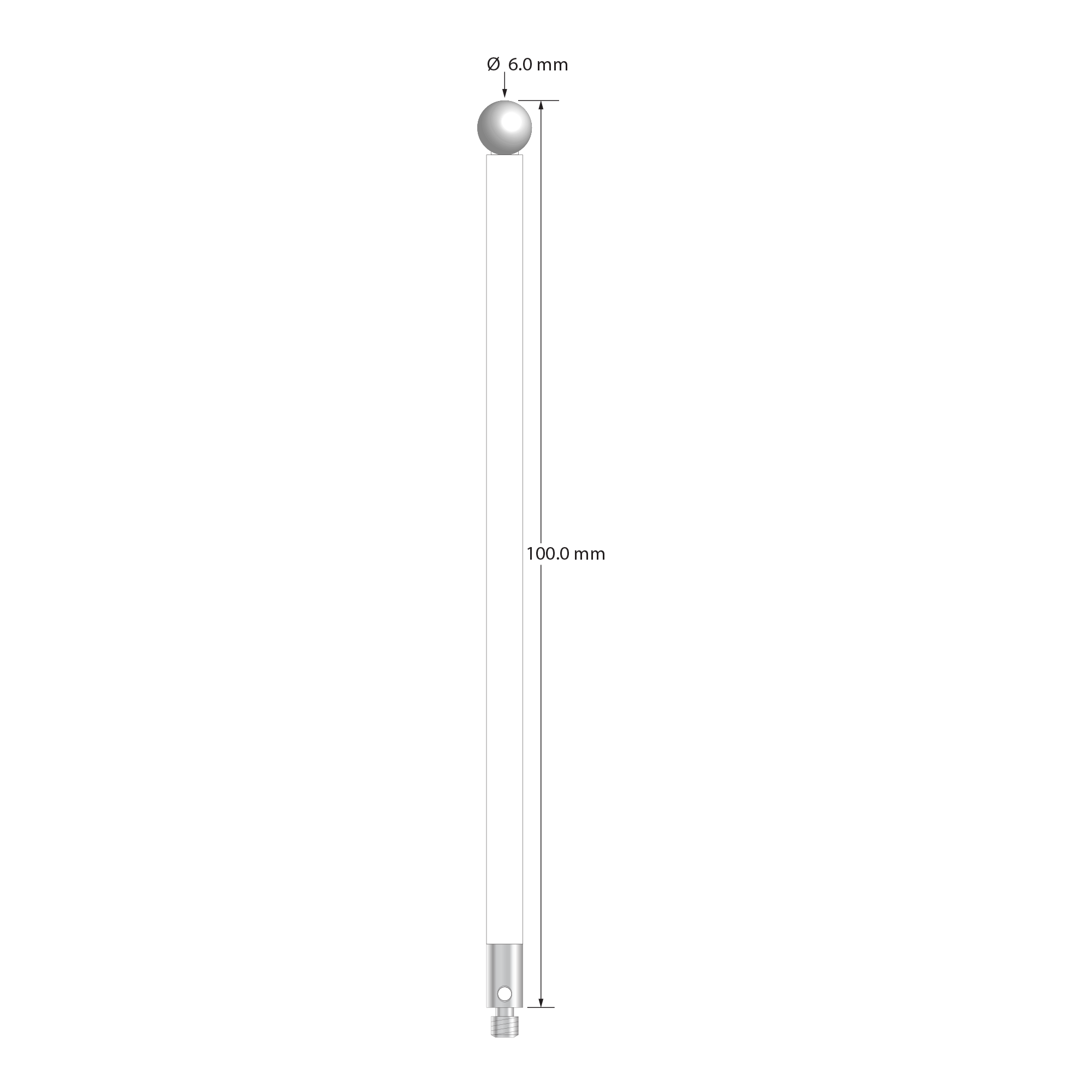 M3 stylus with 6.0 mm diameter zirconia ball, 4.0 mm diameter ceramic stem, and 4.0 mm diameter x 7.0 mm long stainless steel base. Overall stylus length is 100.0 mm. Stylus weight is 4.98 grams.