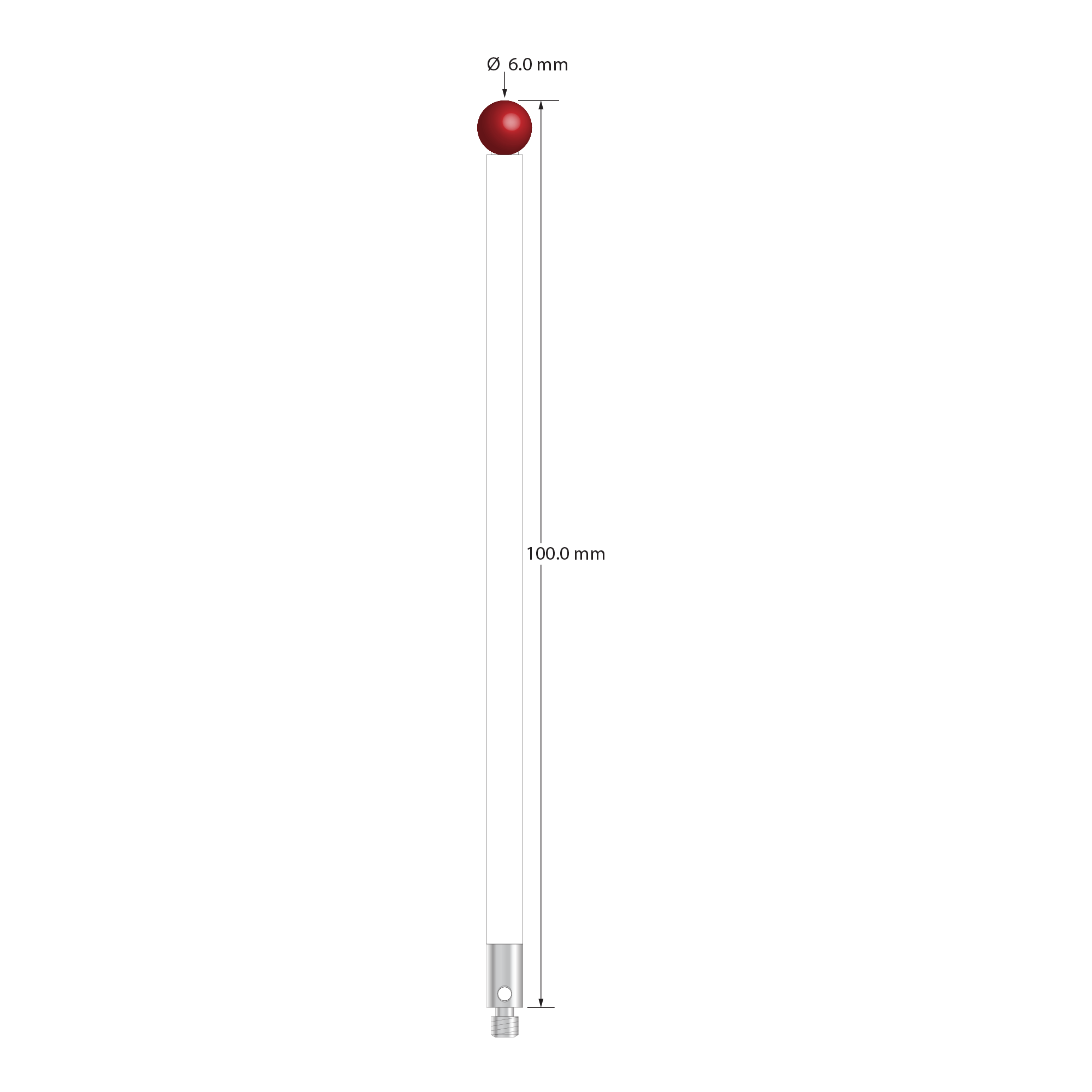 M3 stylus with 6.0 mm diameter ruby ball, 4.0 mm diameter ceramic stem, and 4.0 mm diameter x 7.0 mm long stainless steel base. Overall stylus length is 100.0 mm. Stylus weight is 4.98 grams.