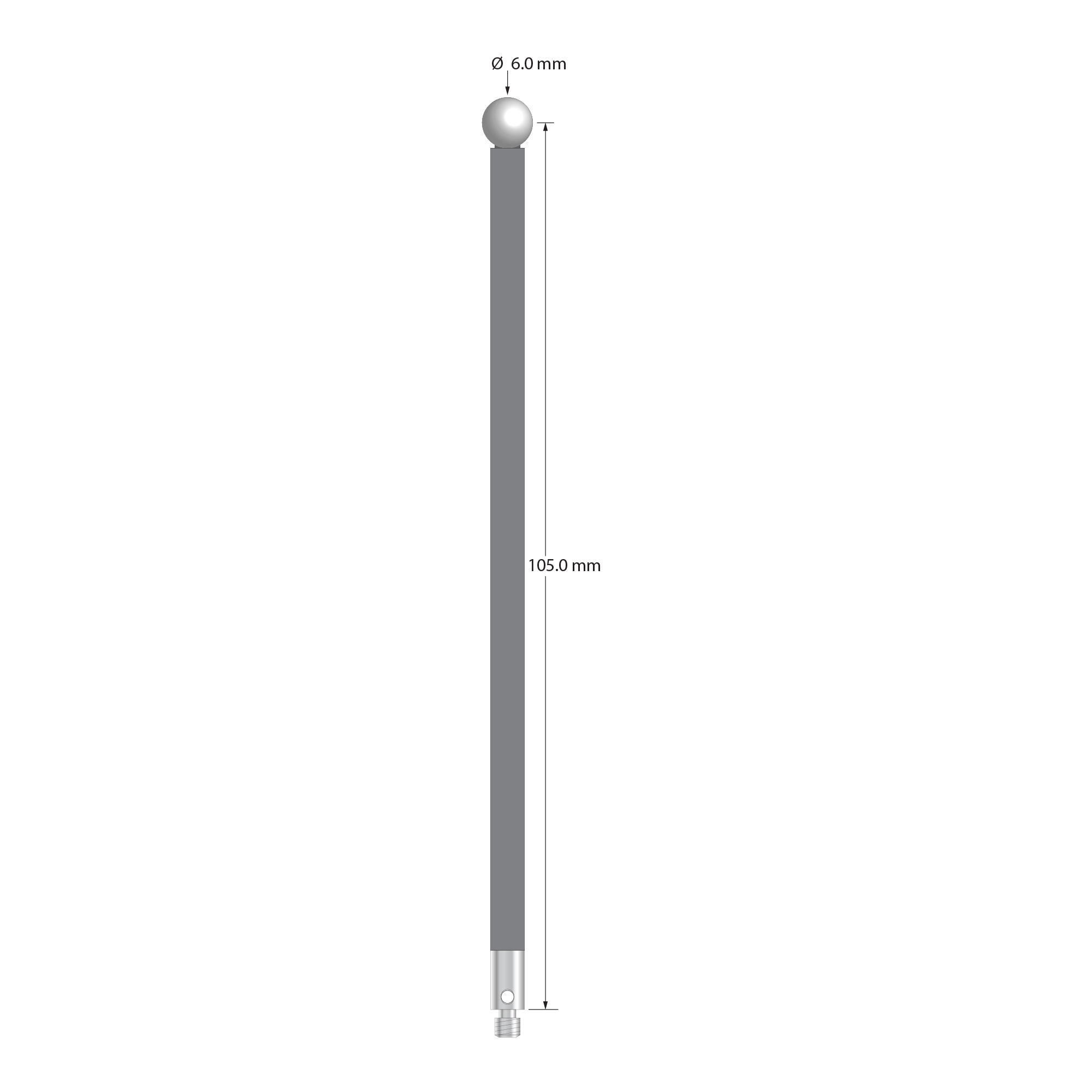 M3 stylus with 6.0 mm diameter zirconia ball, 4.0 mm diameter carbon fiber stem, and 4.0 mm diameter x 10.0 mm long stainless steel base. Stylus length to ball center is 105.0 mm. Stylus weight is 2.66 grams.