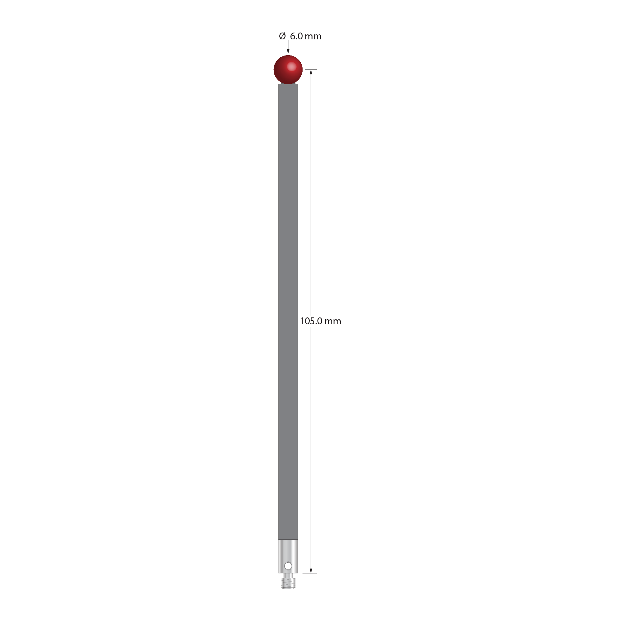 M3 stylus with 6.0 mm diameter ruby ball, 4.0 mm diameter carbon fiber stem, and 4.0 mm diameter x 10.0 mm long stainless steel base. Stylus length to ball center is 105.0 mm. Stylus weight is 2.66 grams.