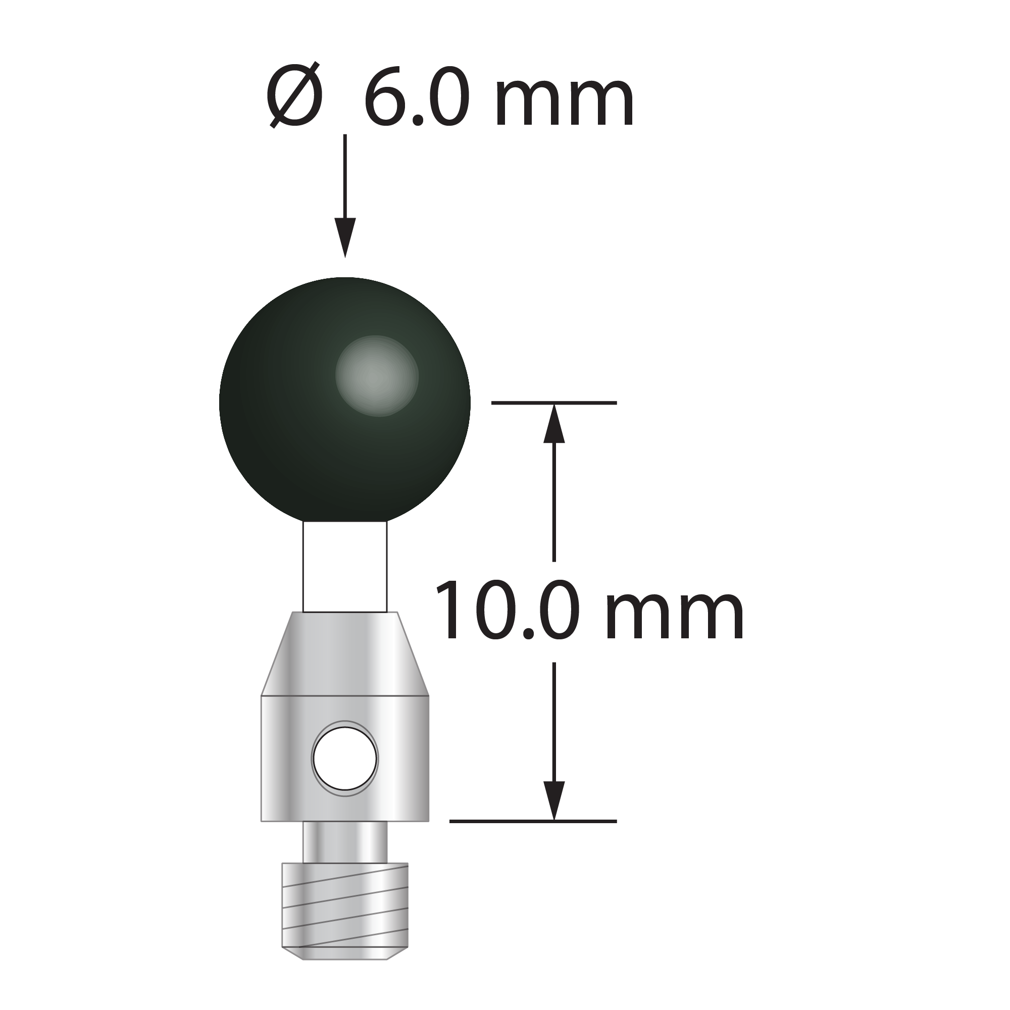 M3 stylus with 6.0 mm diameter silicon nitride ball, 2.0 mm diameter ceramic stem, and 4.0 mm diameter x 5.0 mm long stainless steel base. Stylus length to ball center is 10.0 mm. Stylus weight is 0.90 gram.
