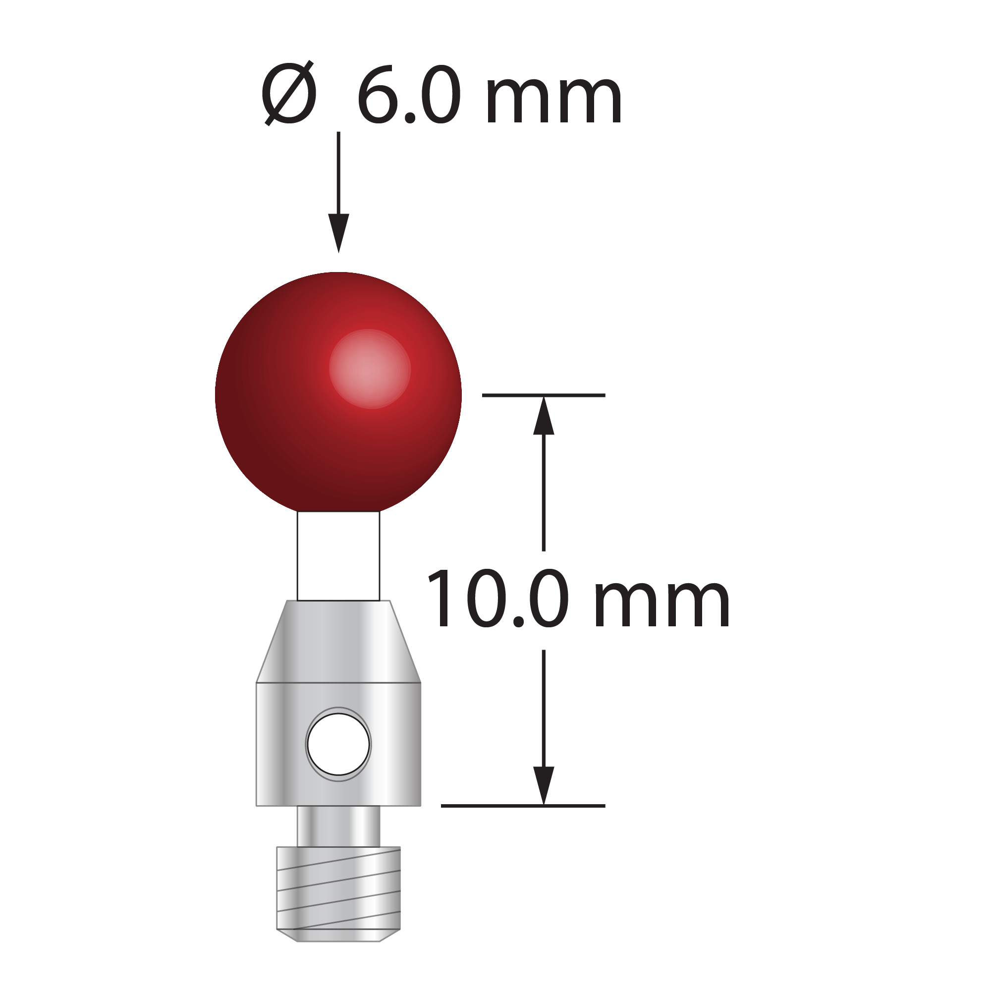 M3 stylus with 6.0 mm diameter ruby ball, 2.0 mm diameter ceramic stem, and 4.0 mm diameter x 5.0 mm long stainless steel base. Stylus length to ball center is 10.0 mm. Stylus weight is 0.90 gram. Compare to Zeiss 602030-8020-000 and Mitutoyo K651135.