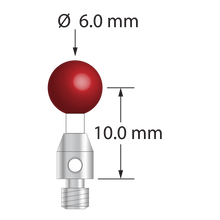 M3 stylus with 6.0 mm diameter ruby ball, 2.0 mm diameter ceramic stem, and 4.0 mm diameter x 5.0 mm long stainless steel base. Stylus length to ball center is 10.0 mm. Stylus weight is 0.90 gram. Compare to Zeiss 602030-8020-000 and Mitutoyo K651135.