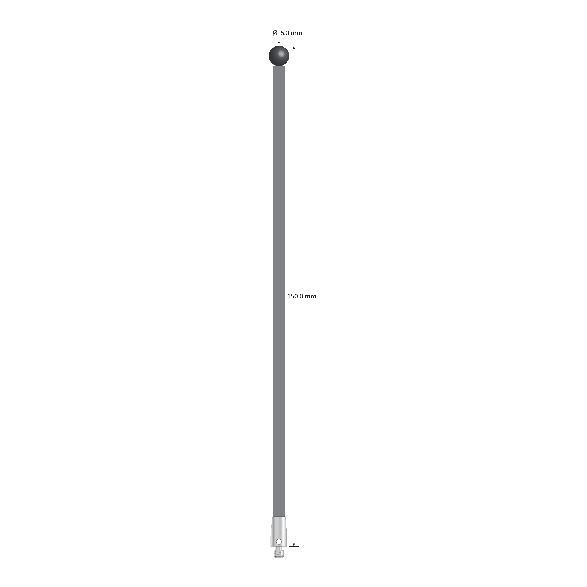 M3 stylus with 6.0 mm diameter silicon nitride ball, 3.5 mm diameter carbon fiber stem, and 5.0 mm diameter x 9.0 mm long titanium base. Overall stylus length is 150.0 mm. Stylus weight is 2.45 grams. Compare to Zeiss 626103-0601-150.