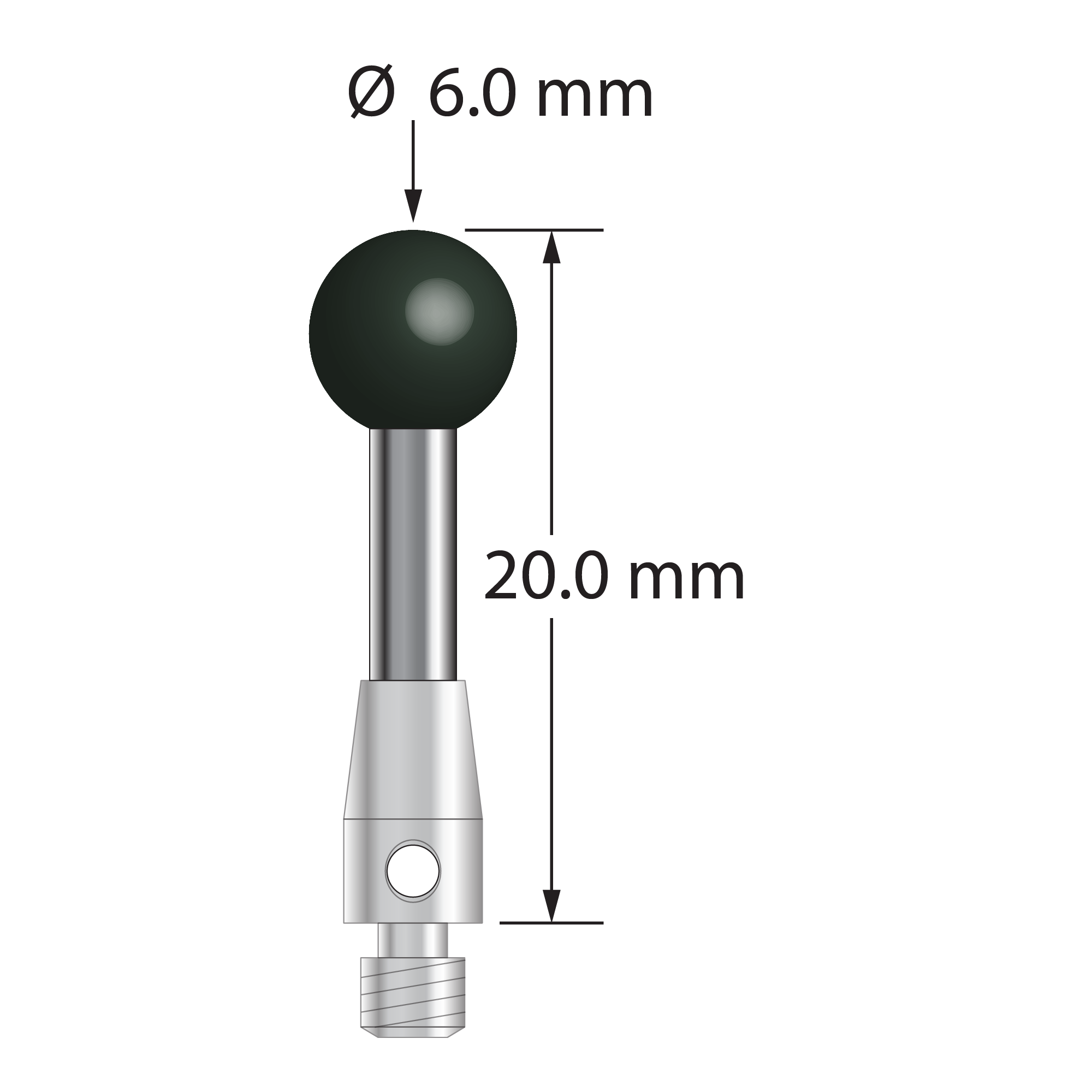 M3 stylus with 6.0 mm diameter silicon nitride ball, 2.5 mm diameter carbide stem, and 4.0 mm diameter x 7.0 mm long stainless steel base. Overall stylus length is 20.0 mm. Stylus weight is 1.55 grams.