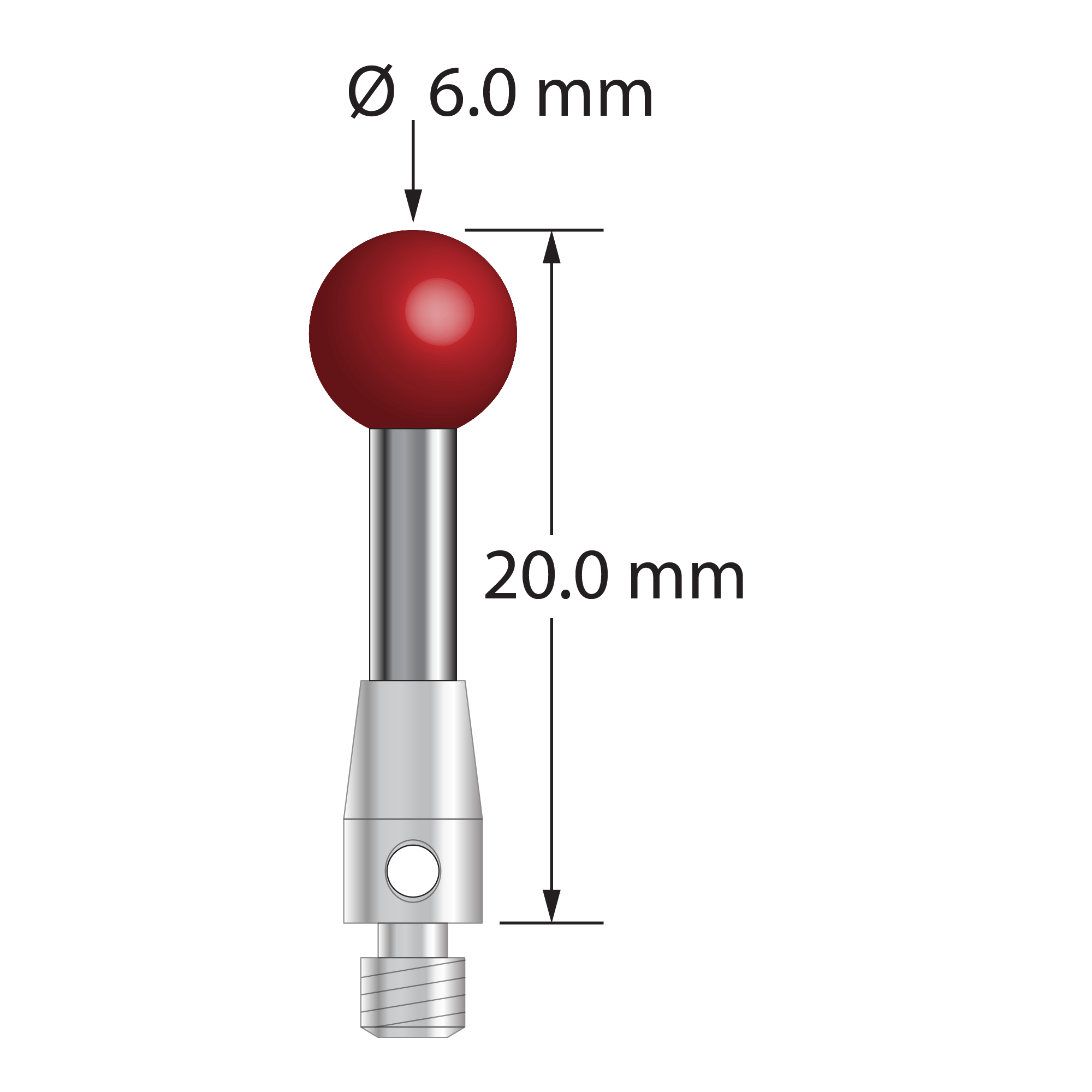 M3 stylus with 6.0 mm diameter ruby ball, 2.5 mm diameter carbide stem, and 4.0 mm diameter x 7.0 mm long stainless steel base. Overall stylus length is 20.0 mm. Stylus weight is 1.55 grams.