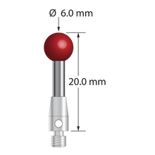 M3 stylus with 6.0 mm diameter ruby ball, 2.5 mm diameter carbide stem, and 4.0 mm diameter x 7.0 mm long stainless steel base. Overall stylus length is 20.0 mm. Stylus weight is 1.55 grams.