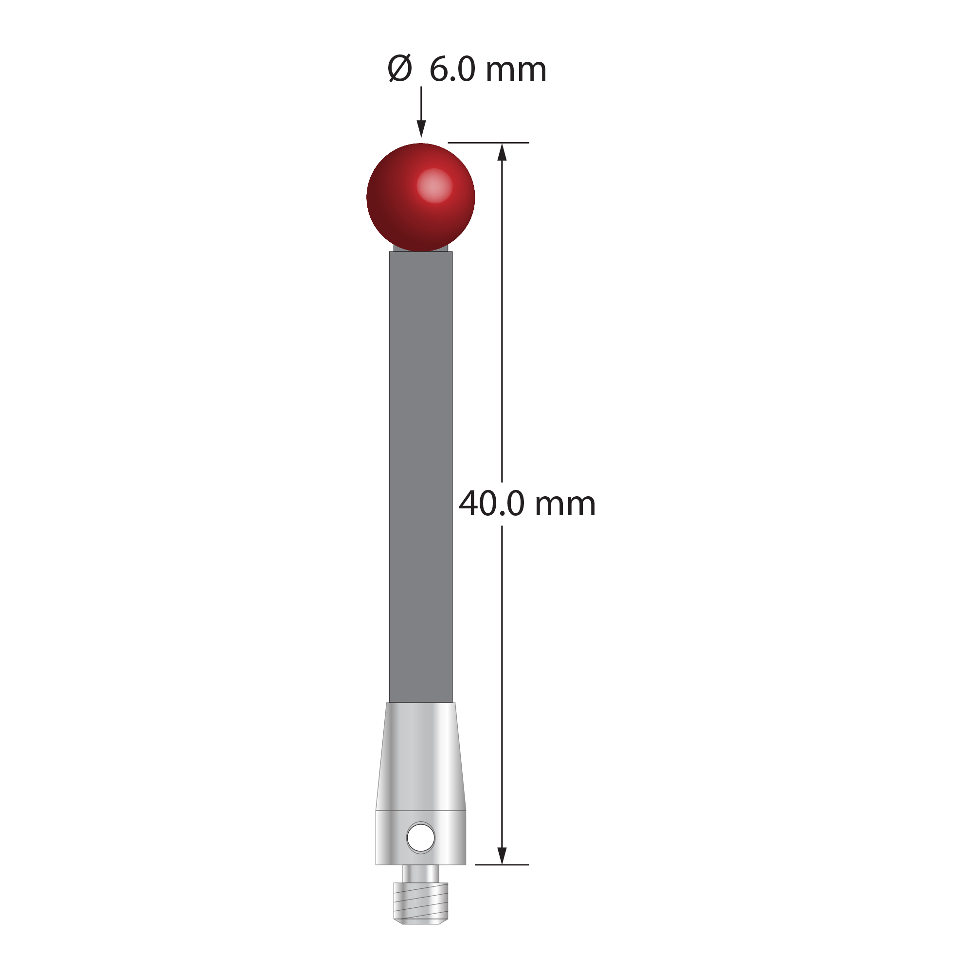 M3 stylus with 6.0 mm diameter ruby ball, 3.5 mm diameter carbon fiber stem, and 5.0 mm diameter x 9.0 mm long titanium base. Overall stylus length is 50.0 mm. Stylus weight is 1.18 grams.