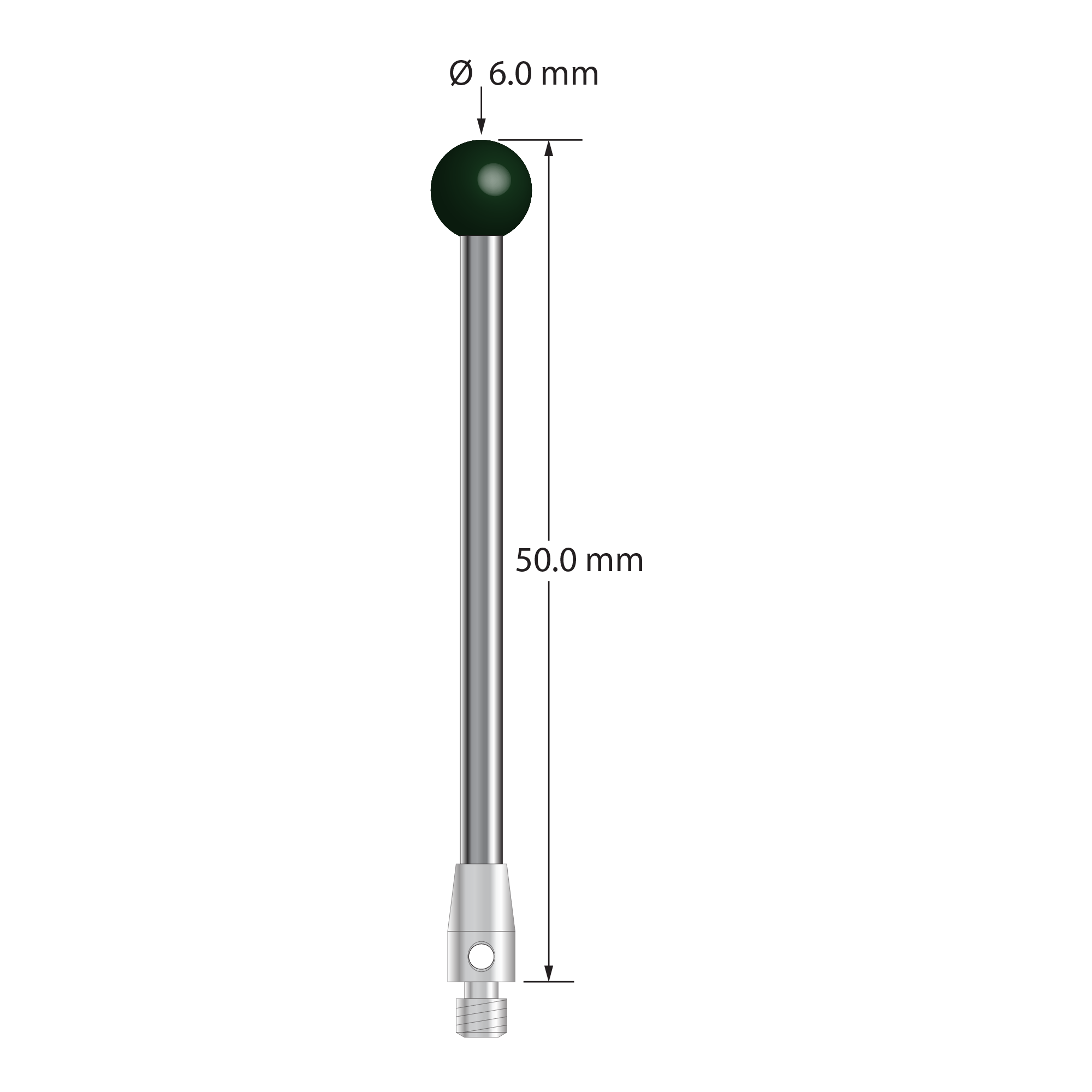 M3 stylus with 6.0 mm diameter silicon nitride ball, 2.5 mm diameter carbide stem, and 4.0 mm diameter x 7.0 mm long stainless steel base. Overall stylus length is 50.0 mm. Stylus weight is 3.60 grams.