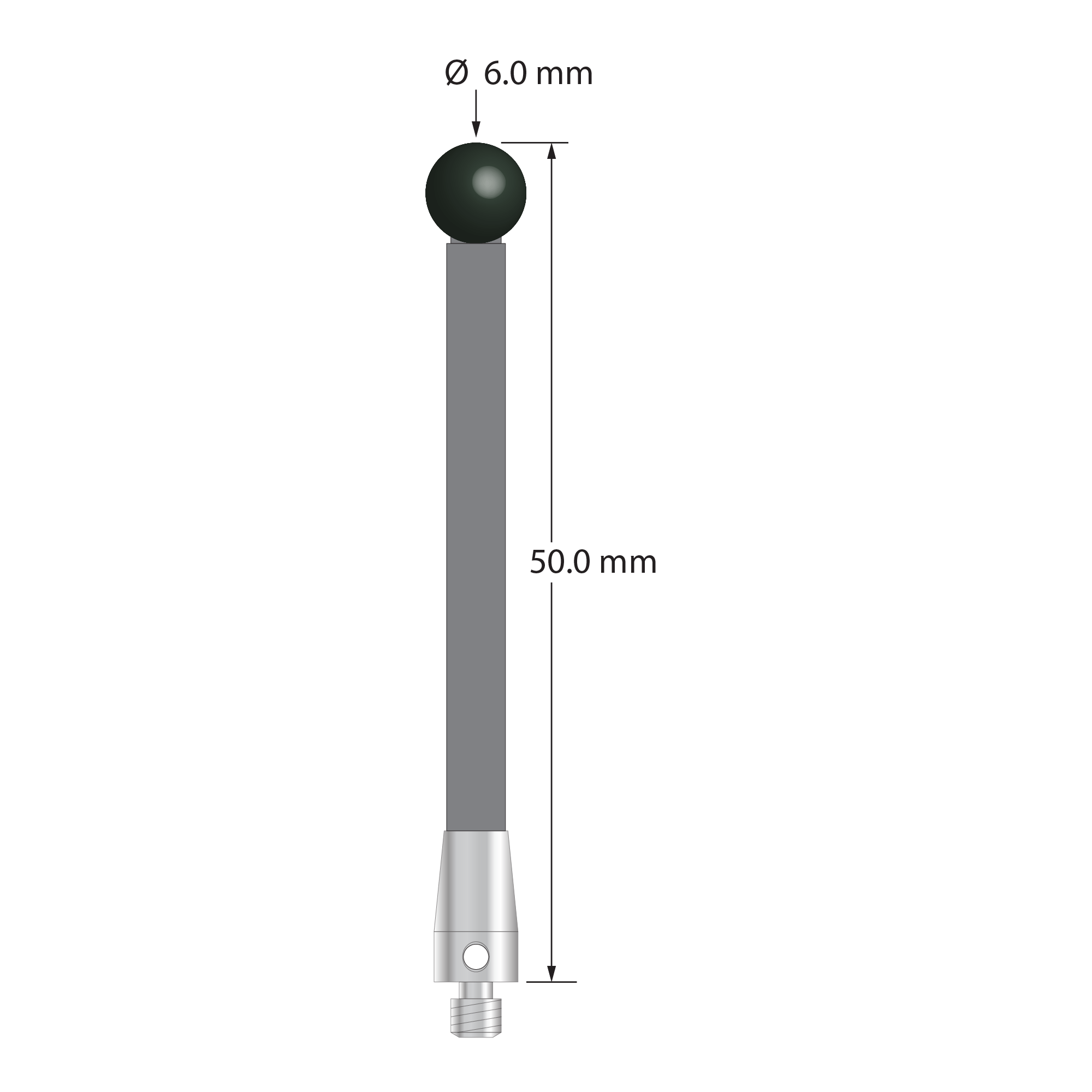 M3 stylus with 6.0 mm diameter silicon nitride ball, 3.5 mm diameter carbon fiber stem, and 5.0 mm diameter x 9.0 mm long titanium base. Overall stylus length is 50.0 mm. Stylus weight is 1.33 grams. Compare to Zeiss 626103-0601-050.