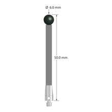 M3 stylus with 6.0 mm diameter silicon nitride ball, 3.5 mm diameter carbon fiber stem, and 5.0 mm diameter x 9.0 mm long titanium base. Overall stylus length is 50.0 mm. Stylus weight is 1.33 grams. Compare to Zeiss 626103-0601-050.