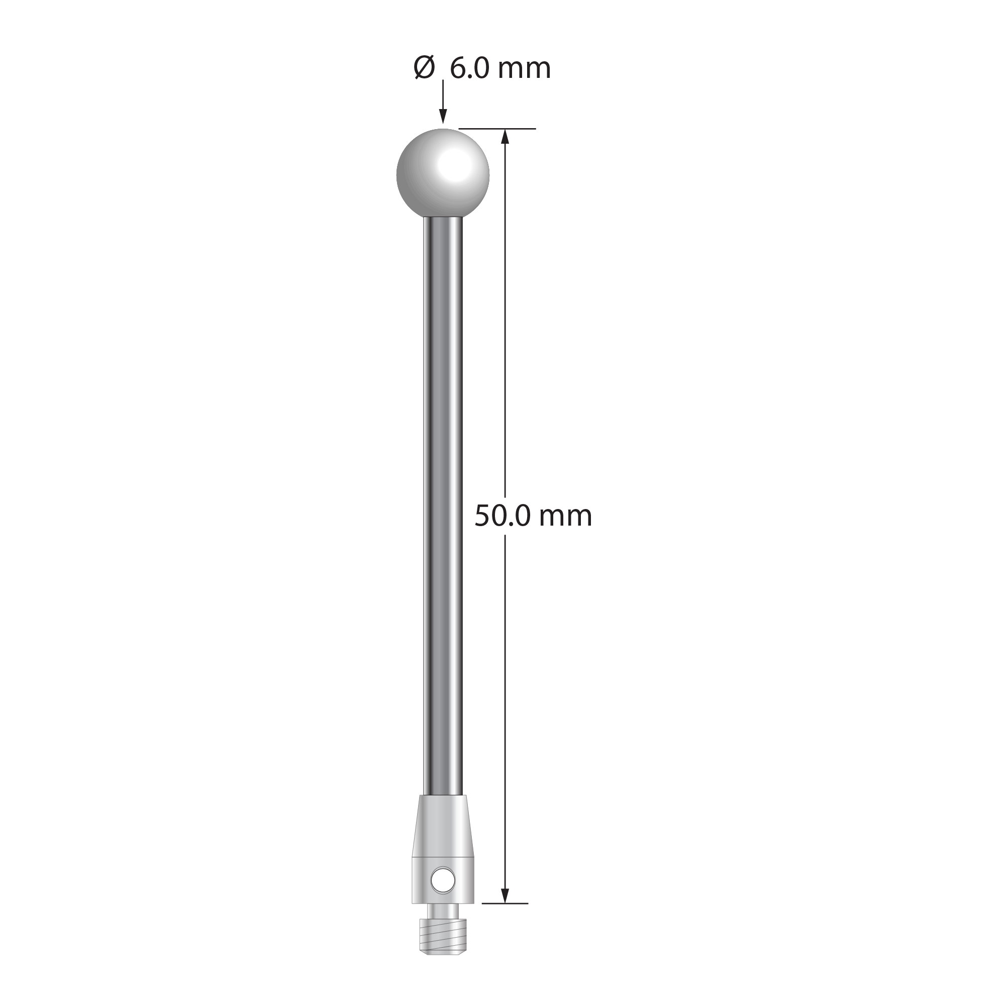 M3 stylus with 6.0 mm diameter zirconia ball, 2.5 mm diameter carbide stem, and 4.0 mm diameter x 7.0 mm long stainless steel base. Overall stylus length is 50.0 mm. Stylus weight is 3.60 grams.