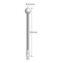 M3 stylus with 6.0 mm diameter zirconia ball, 3.5 mm diameter carbon fiber stem, and 5.0 mm diameter x 9.0 mm long titanium base. Overall stylus length is 50.0 mm. Stylus weight is 1.33 grams.