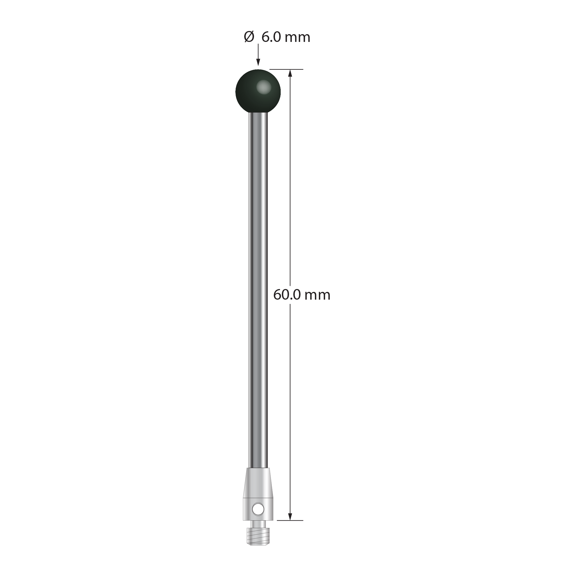 M3 stylus with 6.0 mm diameter silicon nitride ball, 2.5 mm diameter carbide stem, and 4.0 mm diameter x 7.0 mm long stainless steel base. Overall stylus length is 60.0 mm. Stylus weight is 4.29 grams.