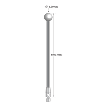 M3 stylus with 6.0 mm diameter zirconia ball, 2.5 mm diameter carbide stem, and 4.0 mm diameter x 7.0 mm long stainless steel base. Overall stylus length is 60.0 mm. Stylus weight is 4.29 grams.