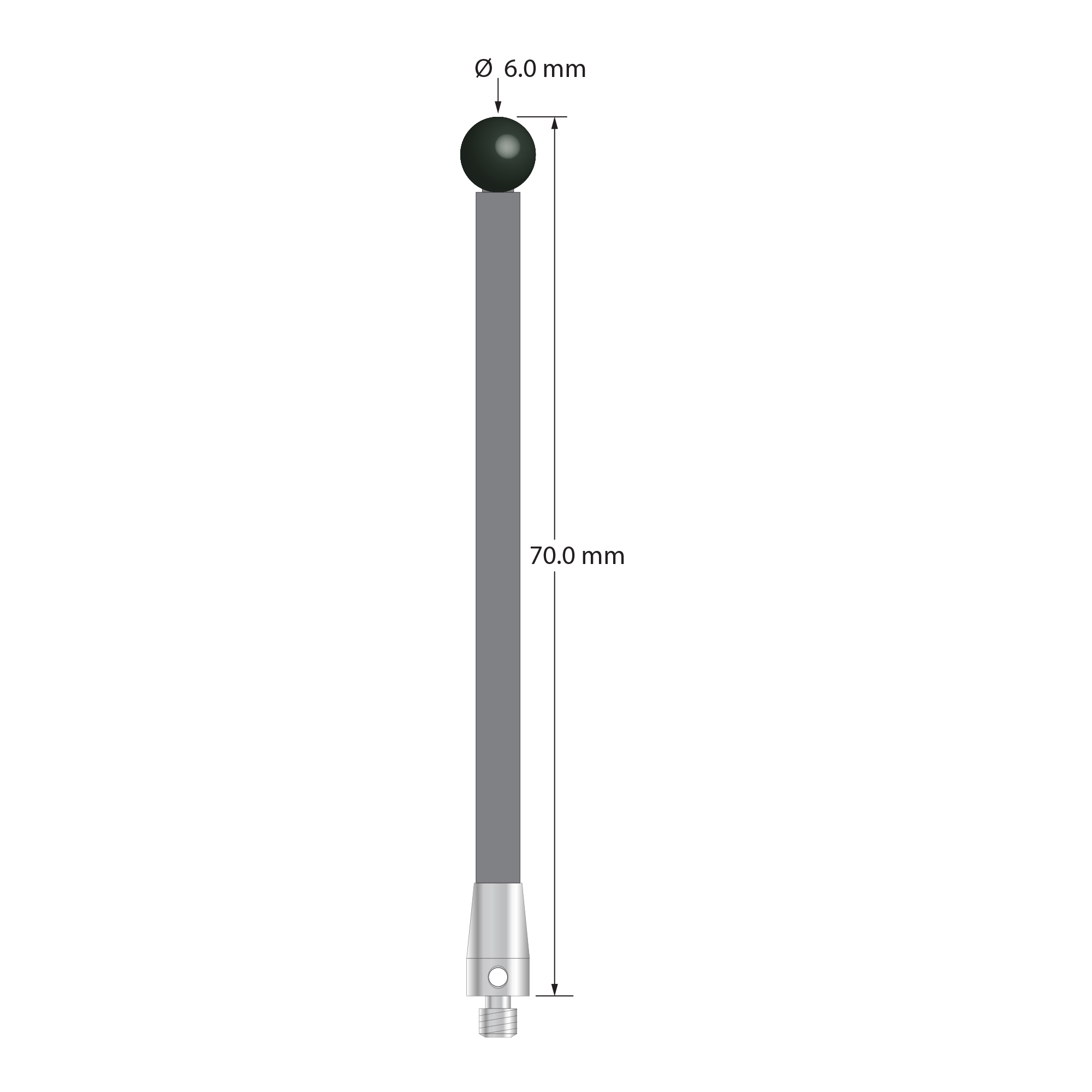 M3 stylus with 6.0 mm diameter silicon nitride ball, 3.5 mm diameter carbon fiber stem, and 5.0 mm diameter x 9.0 mm long titanium base. Overall stylus length is 70.0 mm. Stylus weight is 1.63 grams. Compare to Zeiss 626103-0600-070.