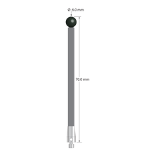 M3 stylus with 6.0 mm diameter silicon nitride ball, 3.5 mm diameter carbon fiber stem, and 5.0 mm diameter x 9.0 mm long titanium base. Overall stylus length is 70.0 mm. Stylus weight is 1.63 grams. Compare to Zeiss 626103-0600-070.