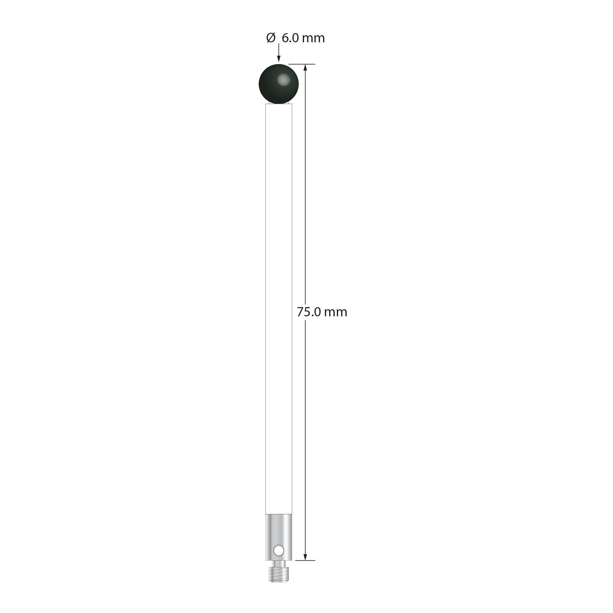 M3 stylus with 6.0 mm diameter silicon nitride ball, 4.0 mm diameter ceramic stem, and 4.0 mm diameter x 7.0 mm long stainless steel base. Overall stylus length is 75.0 mm. Stylus weight is 3.83 grams.