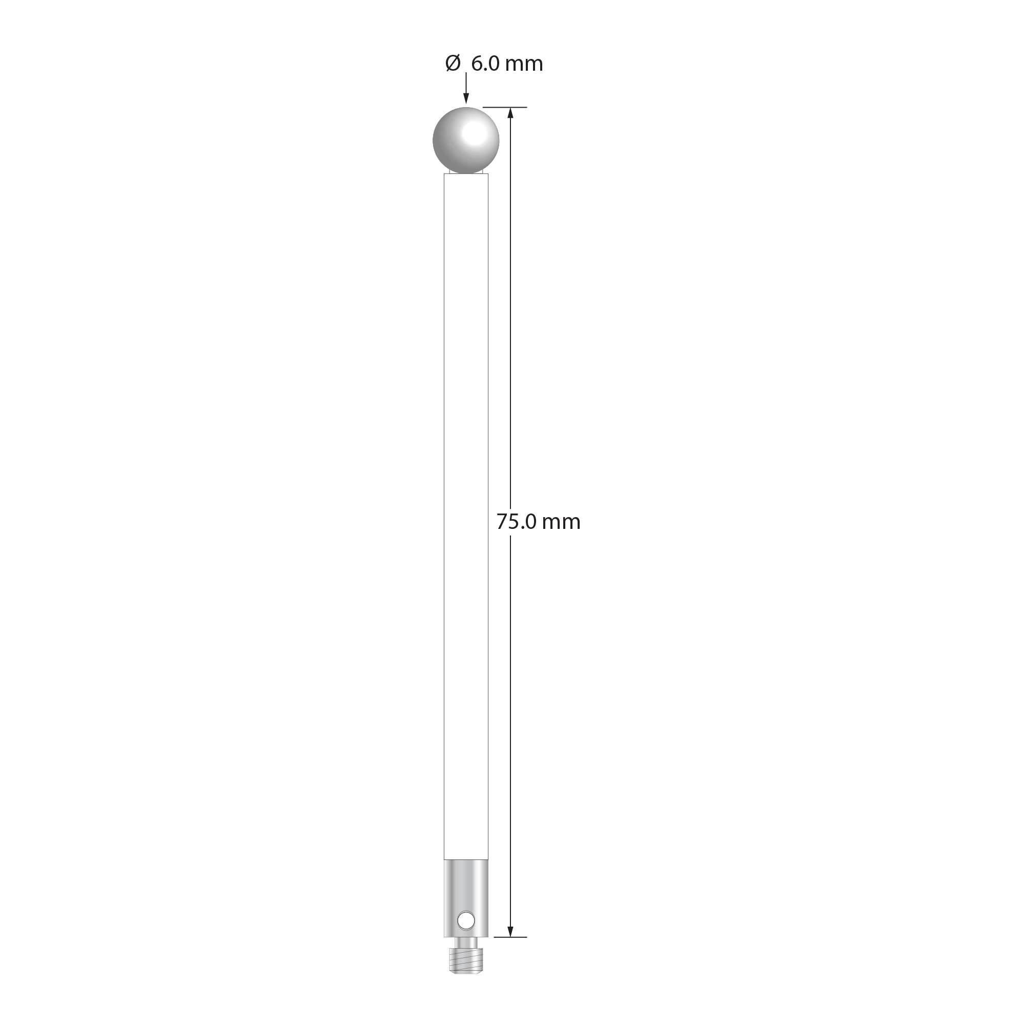 M3 stylus with 6.0 mm diameter zirconia ball, 4.0 mm diameter ceramic stem, and 4.0 mm diameter x 7.0 mm long stainless steel base. Overall stylus length is 75.0 mm. Stylus weight is 3.83 grams.